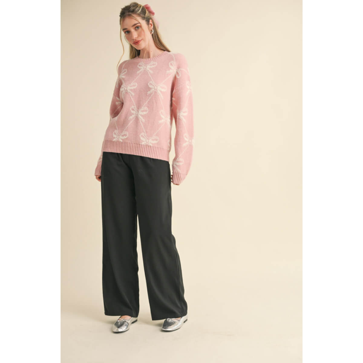 Bow Pattern Knit Sweater pink front | MILK MONEY milkmoney.co | cute sweaters for women, cute knit sweaters, cute pullover sweaters