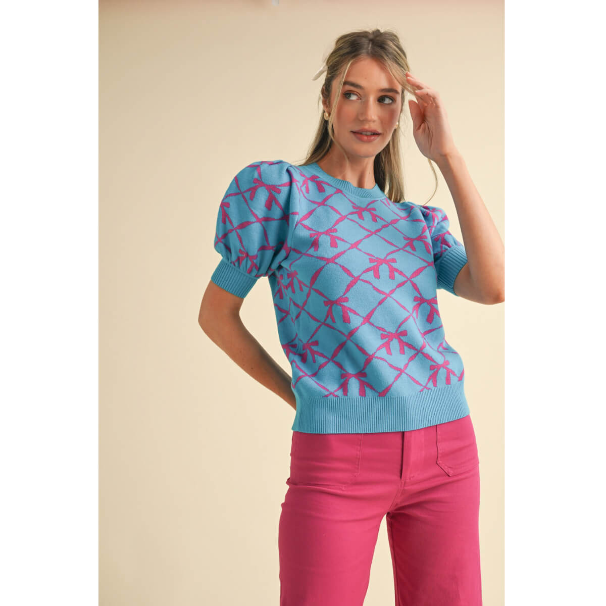 Bow Pattern Short Sleeve Sweater blue front | MILK MONEY milkmoney.co | cute sweaters for women, cute knit sweaters, cute pullover sweaters