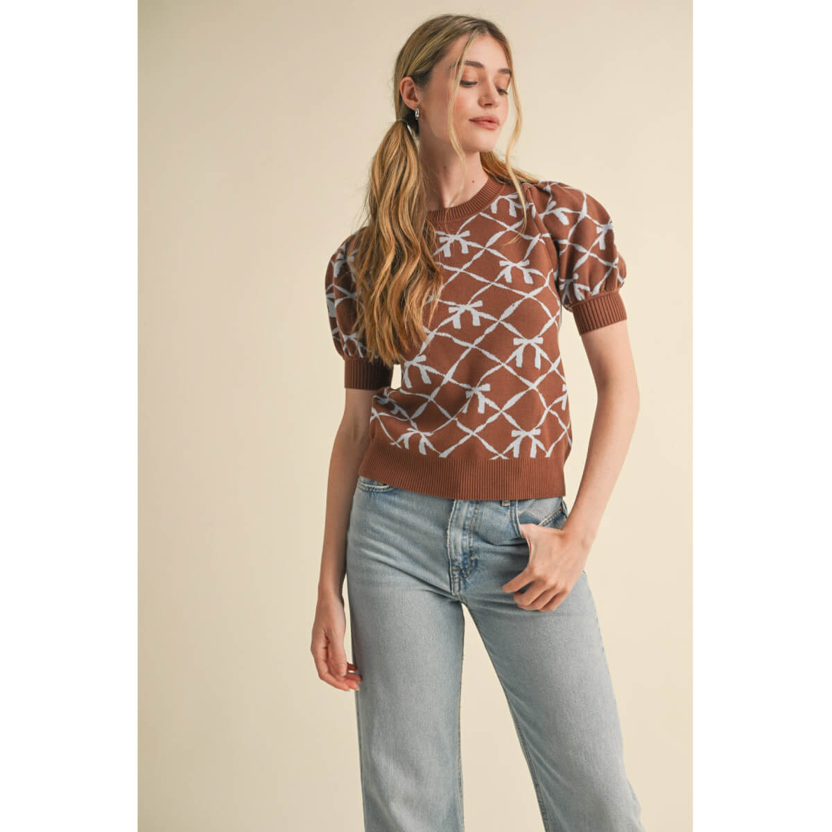 Bow Pattern Short Sleeve Sweater brown front | MILK MONEY milkmoney.co | cute sweaters for women, cute knit sweaters, cute pullover sweaters