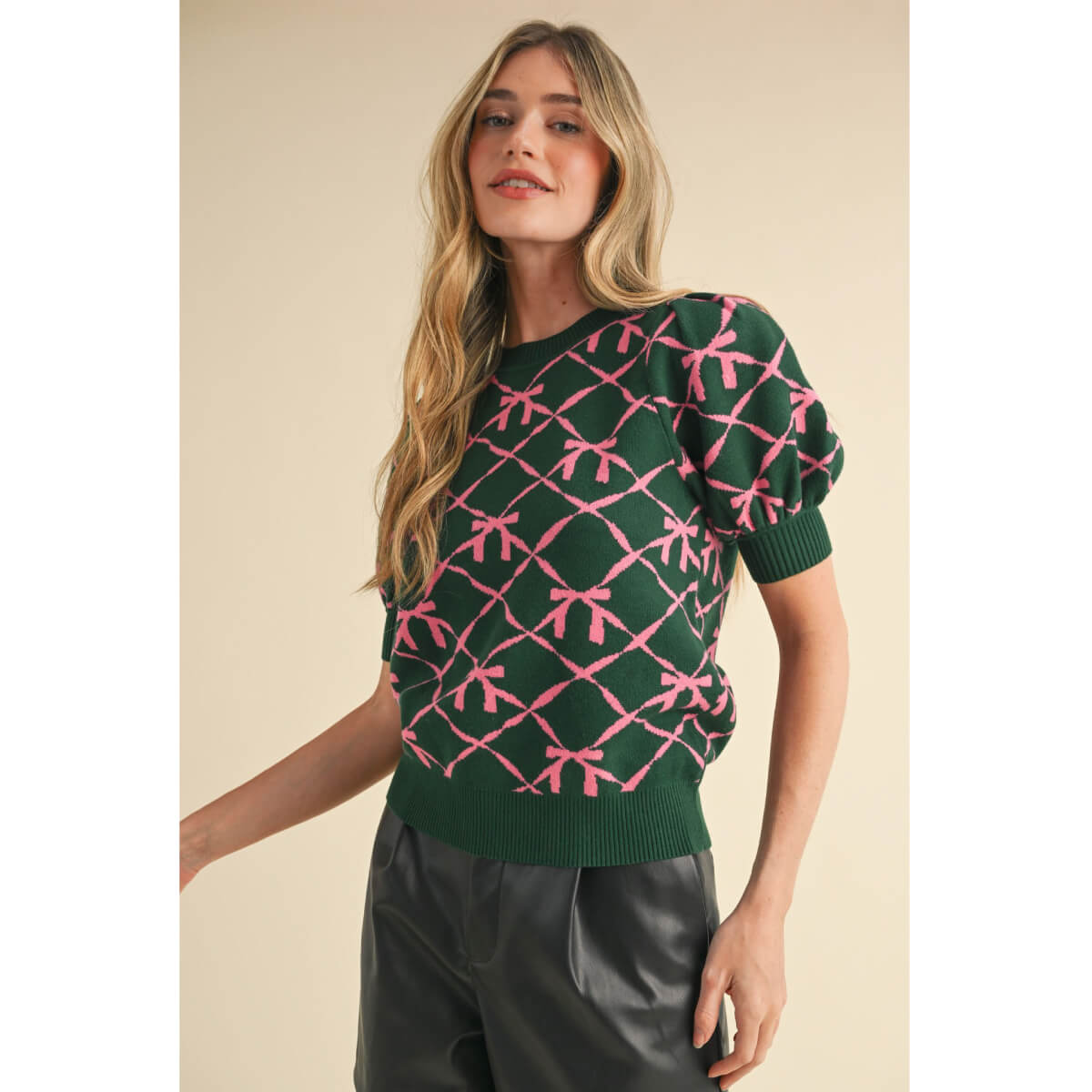 Bow Pattern Short Sleeve Sweater green front | MILK MONEY milkmoney.co | cute sweaters for women, cute knit sweaters, cute pullover sweaters