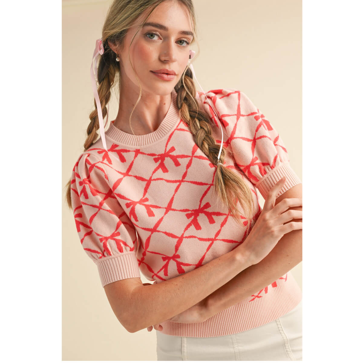 Bow Pattern Short Sleeve Sweater pink front | MILK MONEY milkmoney.co | cute sweaters for women, cute knit sweaters, cute pullover sweaters