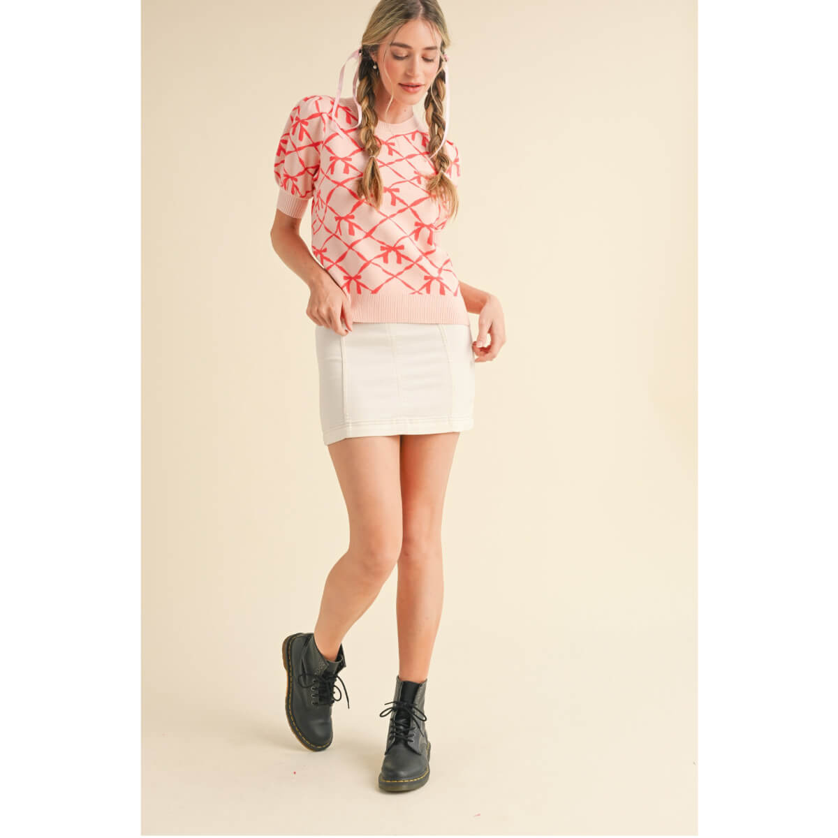 Bow Pattern Short Sleeve Sweater pink front | MILK MONEY milkmoney.co | cute sweaters for women, cute knit sweaters, cute pullover sweaters