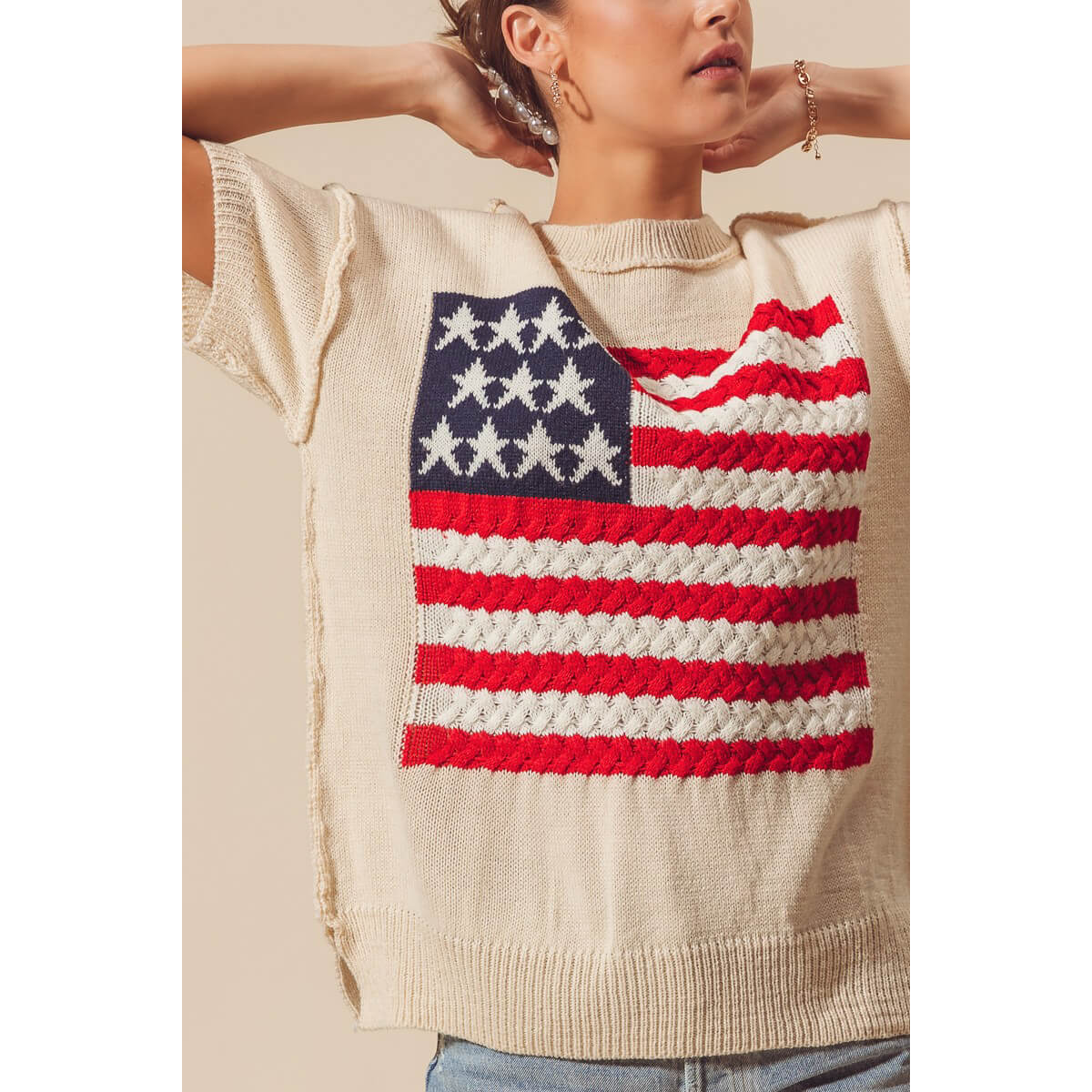 Braided American Flag Sweater Tee front ivory | MILK MONEY milkmoney.co | cute tops for women. trendy tops for women. cute blouses for women. stylish tops for women. pretty womens tops.