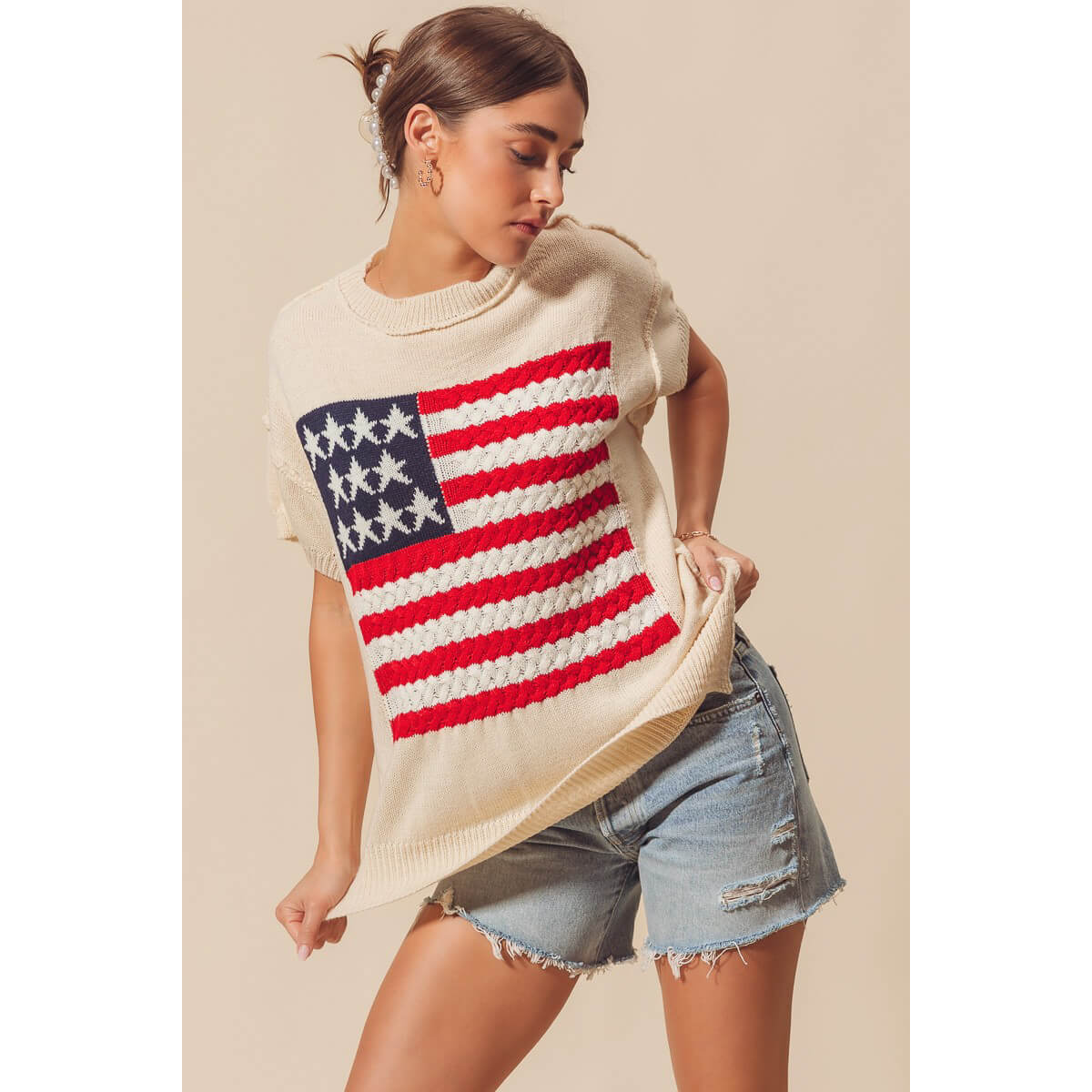 Braided American Flag Sweater Tee front ivory | MILK MONEY milkmoney.co | cute tops for women. trendy tops for women. cute blouses for women. stylish tops for women. pretty womens tops.