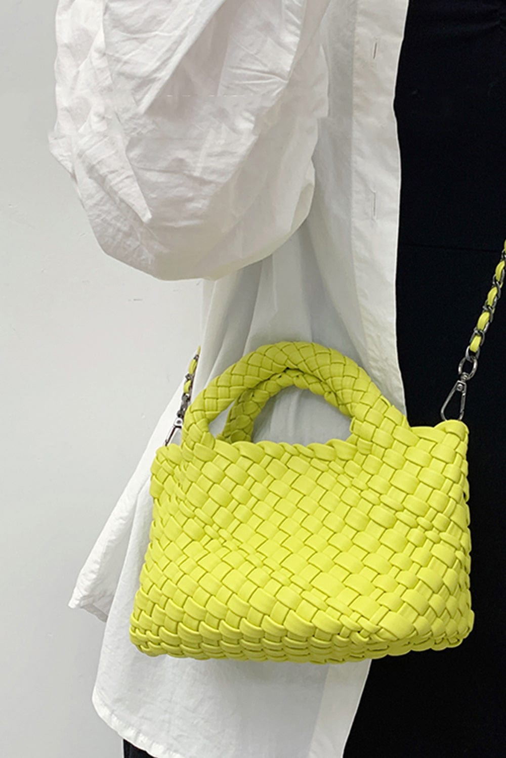 Braided Faux Leather Mini Tote Bag lime model | MILK MONEY milkmoney.co | women's accessories. cute accessories. trendy accessories. cute accessories for girls. ladies accessories. women's fashion accessories.