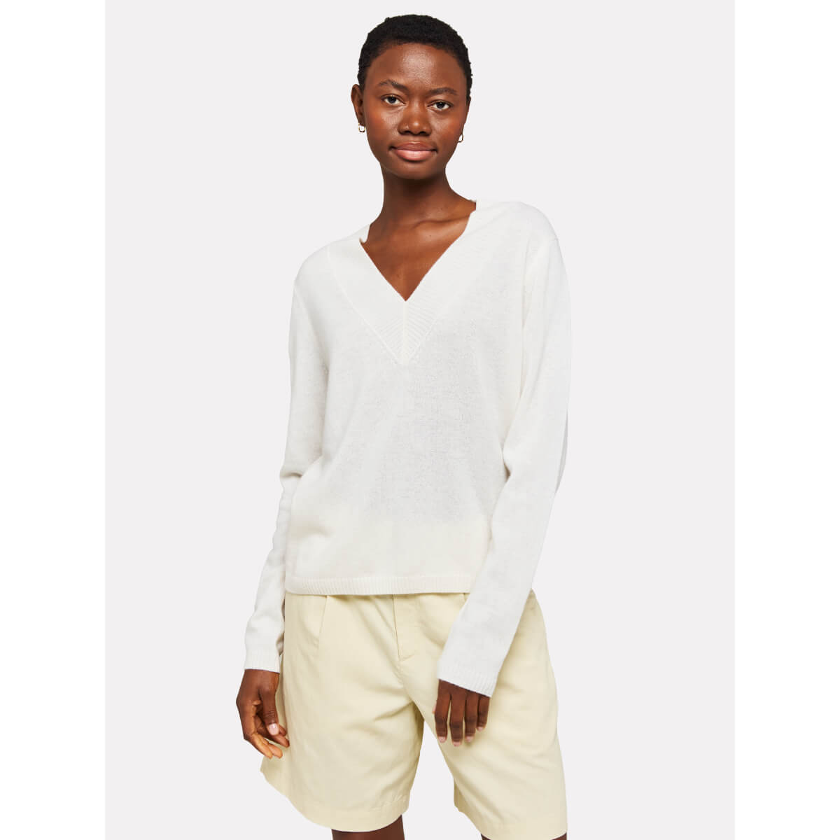 Brodie Frankie Cashmere V-Neck Sweater white front | MILK MONEY milkmoney.co | cute sweaters for women, cute knit sweaters, cute pullover sweaters