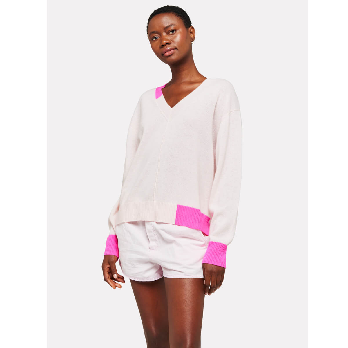 Brodie Maria Colour Pop Cashmere V-Neck Sweater pink front | MILK MONEY milkmoney.co | cute sweaters for women, cute knit sweaters, cute pullover sweaters