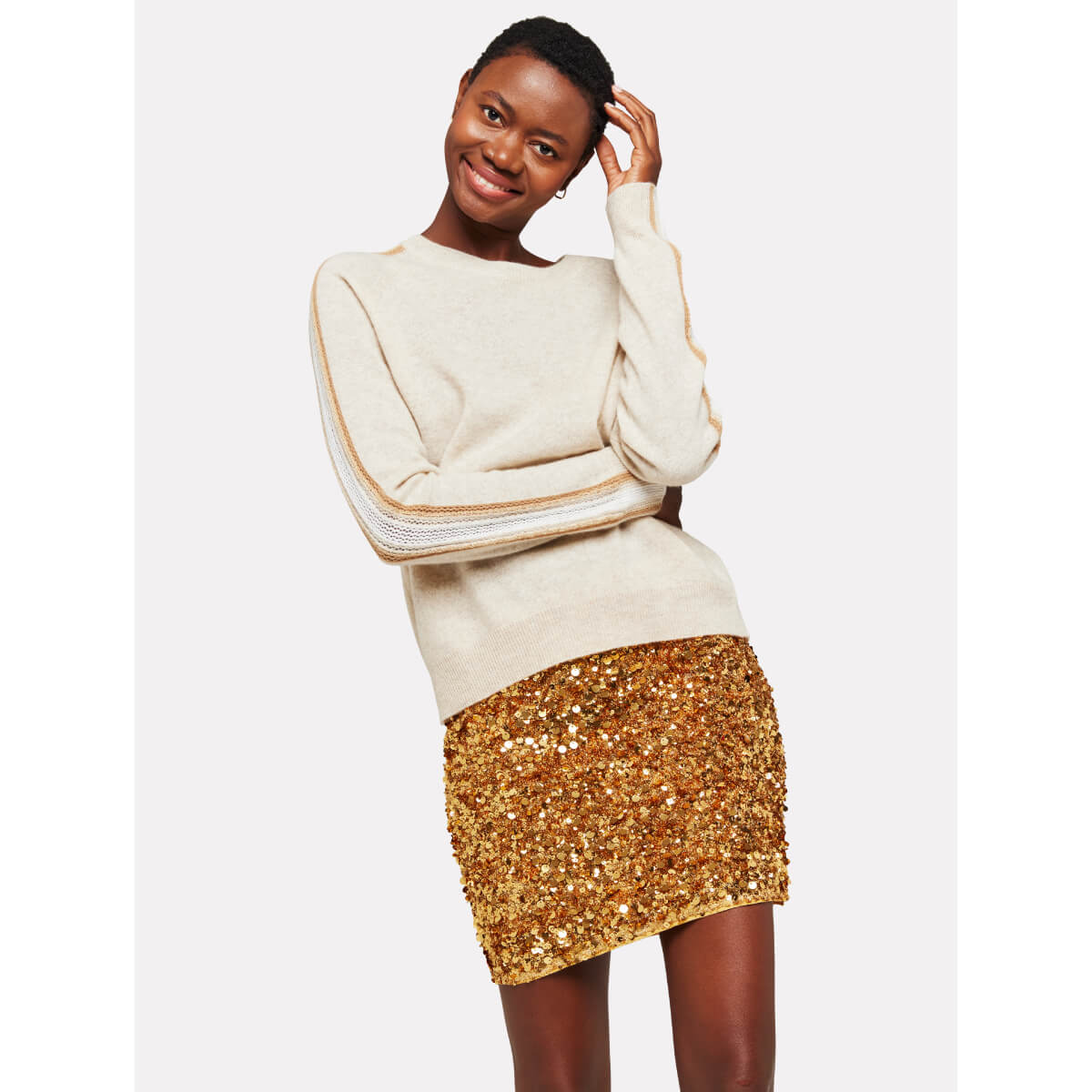 Brodie Mesh Sleeve Cashmere Crew Neck cygnet front | MILK MONEY milkmoney.co | cute sweaters for women, cute knit sweaters, cute pullover sweaters