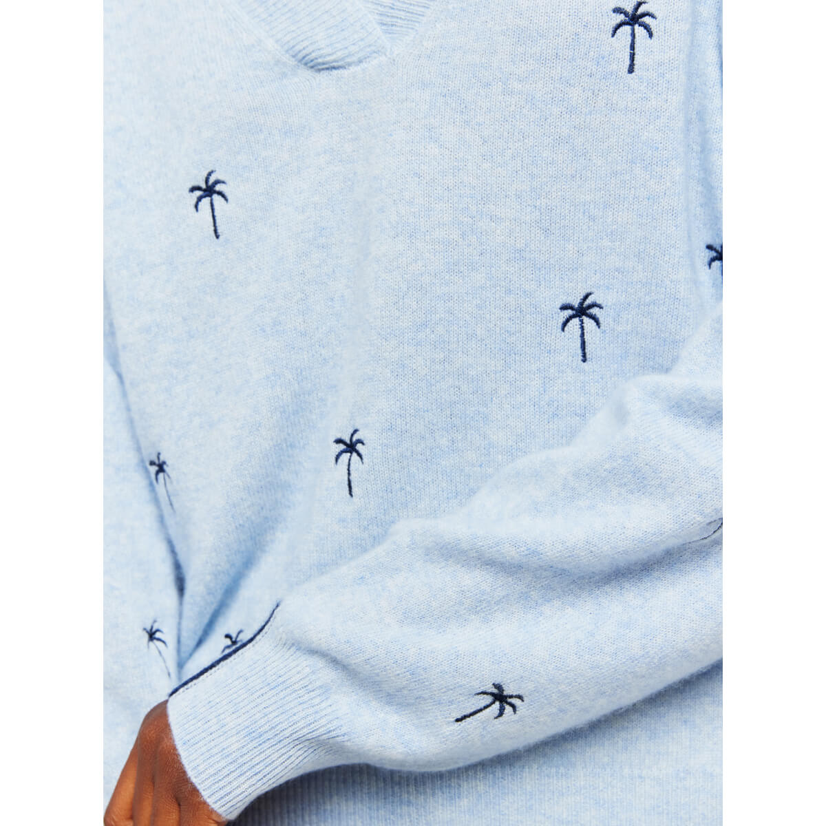 Brodie Palm Embroidered Cashmere V-Neck Sweater blue front | MILK MONEY milkmoney.co | cute sweaters for women, cute knit sweaters, cute pullover sweaters