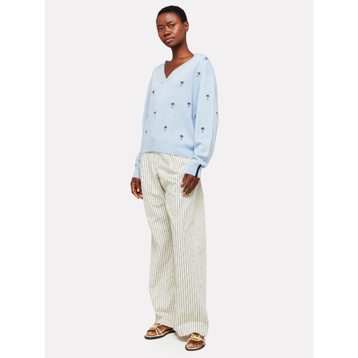 Brodie Palm Embroidered Cashmere V-Neck Sweater blue front | MILK MONEY milkmoney.co | cute sweaters for women, cute knit sweaters, cute pullover sweaters