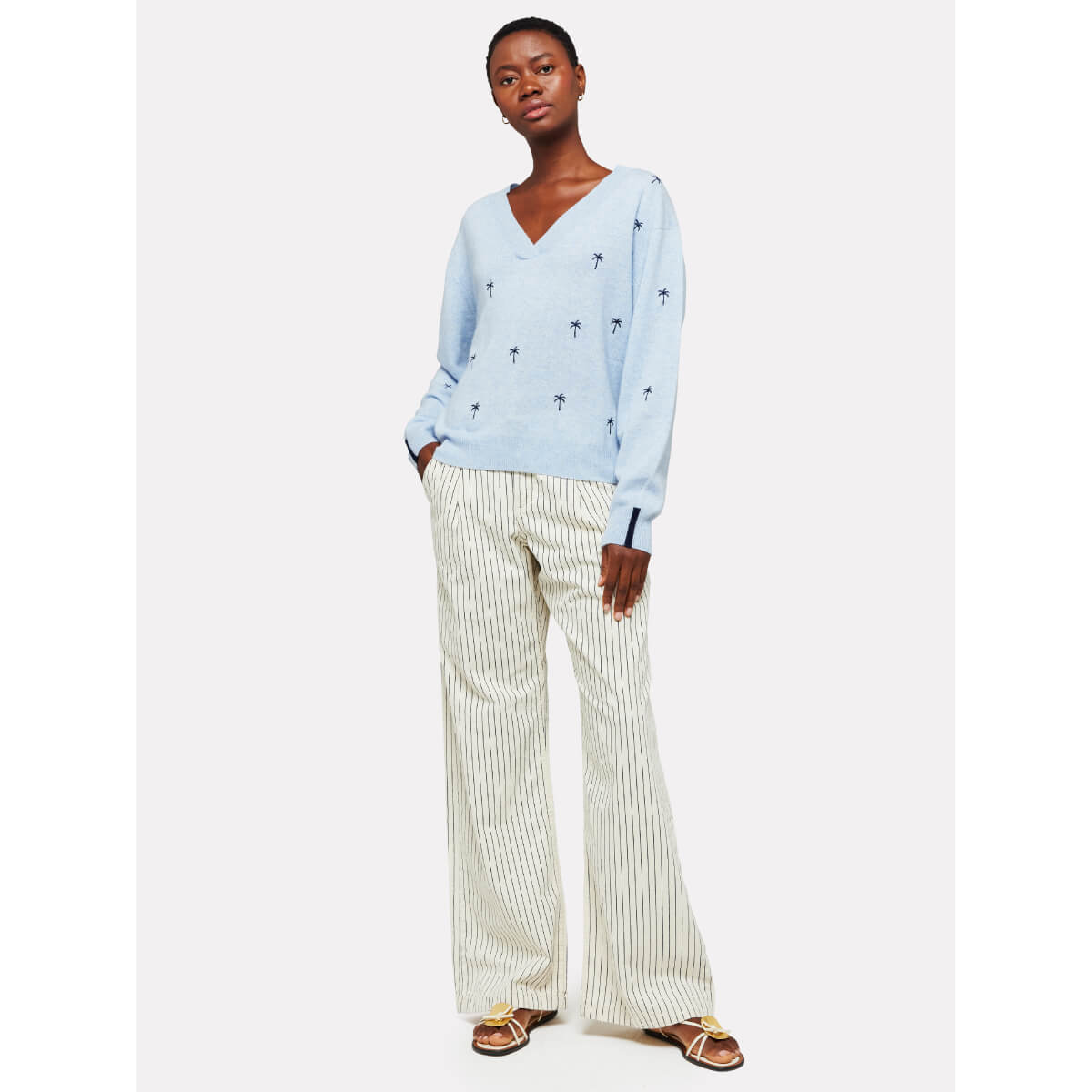 Brodie Palm Embroidered Cashmere V-Neck Sweater blue front | MILK MONEY milkmoney.co | cute sweaters for women, cute knit sweaters, cute pullover sweaters