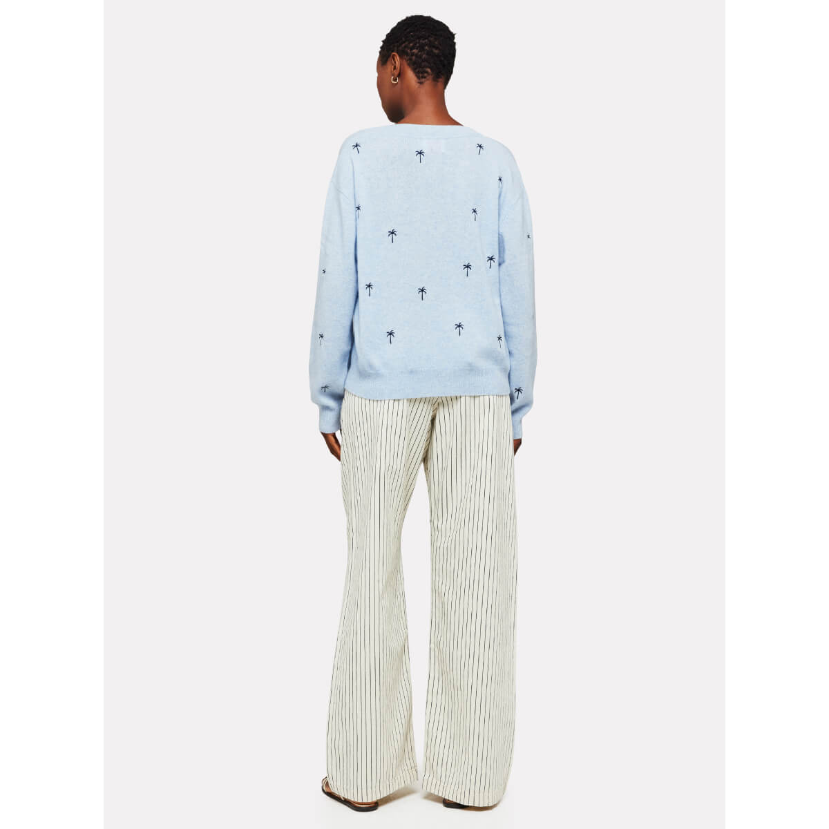 Brodie Palm Embroidered Cashmere V-Neck Sweater blue back | MILK MONEY milkmoney.co | cute sweaters for women, cute knit sweaters, cute pullover sweaters