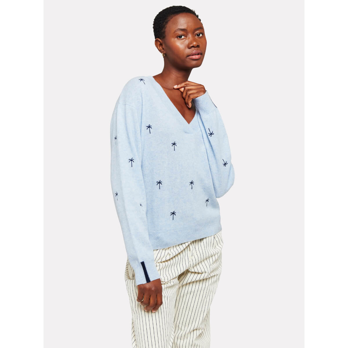 Brodie Palm Embroidered Cashmere V-Neck Sweater blue front | MILK MONEY milkmoney.co | cute sweaters for women, cute knit sweaters, cute pullover sweaters