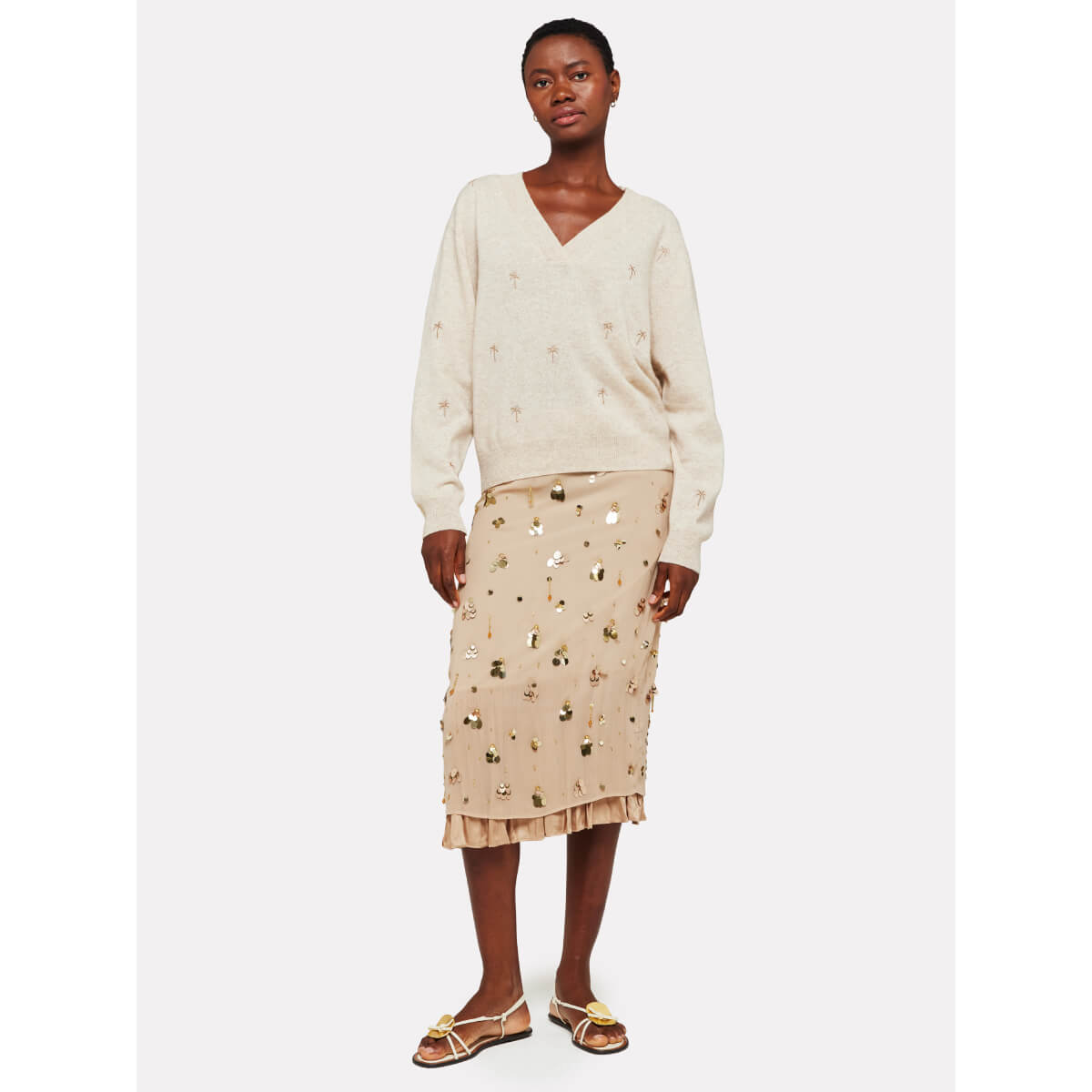 Brodie Palm Embroidered Cashmere V-Neck Sweater cygnet front | MILK MONEY milkmoney.co | cute sweaters for women, cute knit sweaters, cute pullover sweaters