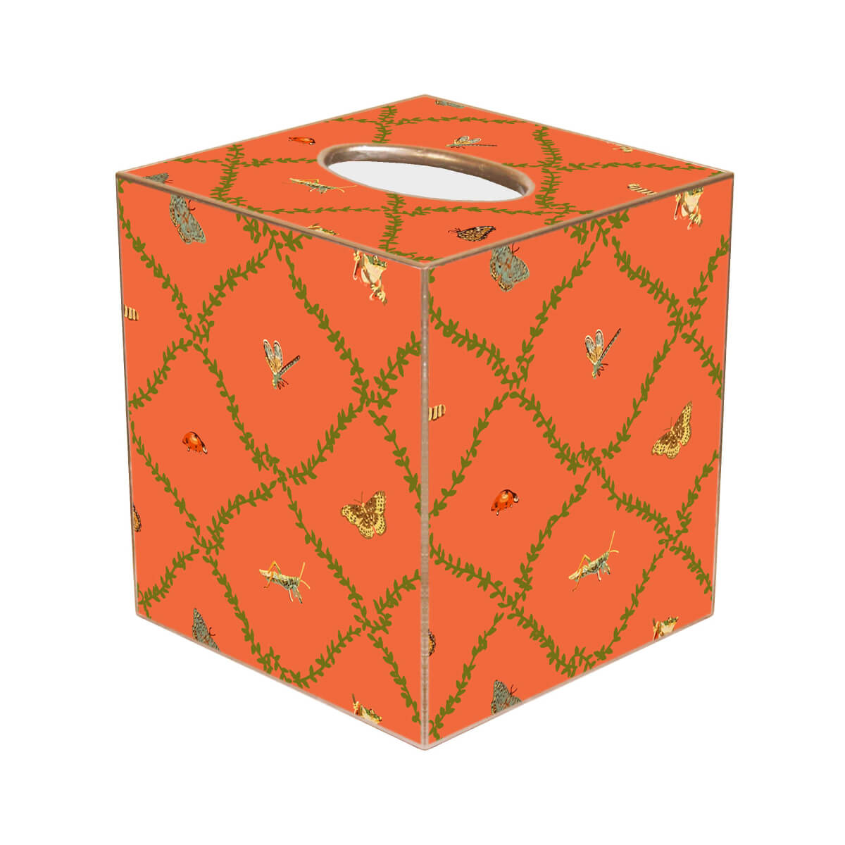 Butterflies, Bugs & Trellis Paper Mache Tissue Box orange front | MILK MONEY milkmoney.co | Home decor online, Modern home decor, Luxury home furnishings, Best home decor, Home accessories for sale, Living room furniture sets, Kitchen decor ideas, Wall art for home, Bathroom accessories, Vintage home decor, Minimalist home decor