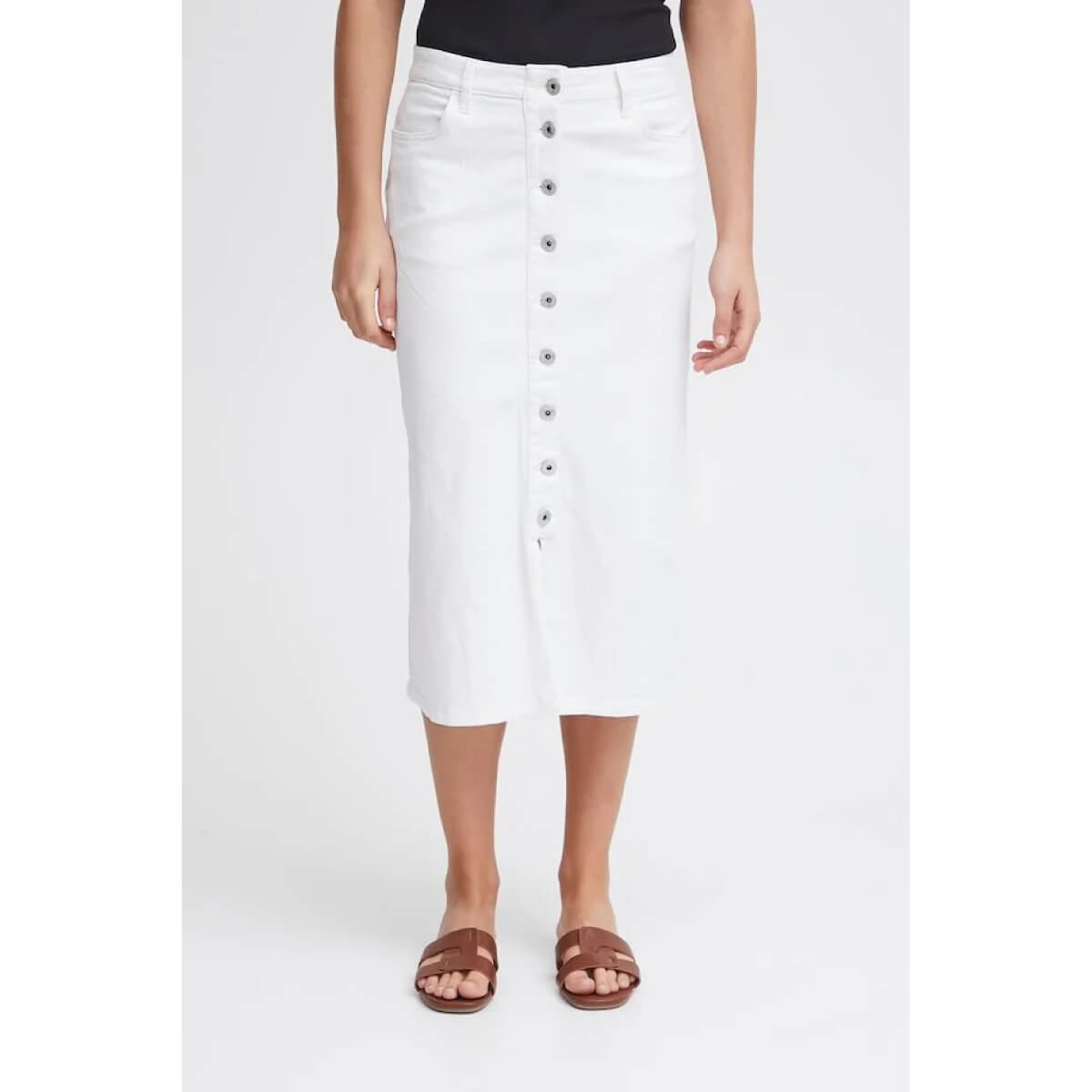 Button Front Denim Midi Skirt white front | MILK MONEY milkmoney.co | cute clothes for women. womens online clothing. trendy online clothing stores. womens casual clothing online. trendy clothes online. trendy women's clothing online. ladies online clothing stores. trendy women's clothing stores. cute female clothes.