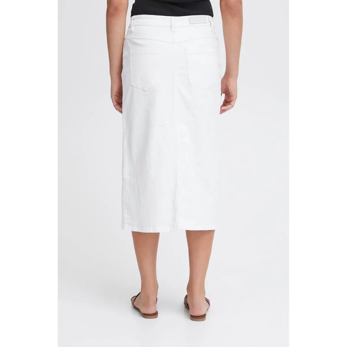 Button Front Denim Midi Skirt white back | MILK MONEY milkmoney.co | cute clothes for women. womens online clothing. trendy online clothing stores. womens casual clothing online. trendy clothes online. trendy women's clothing online. ladies online clothing stores. trendy women's clothing stores. cute female clothes.