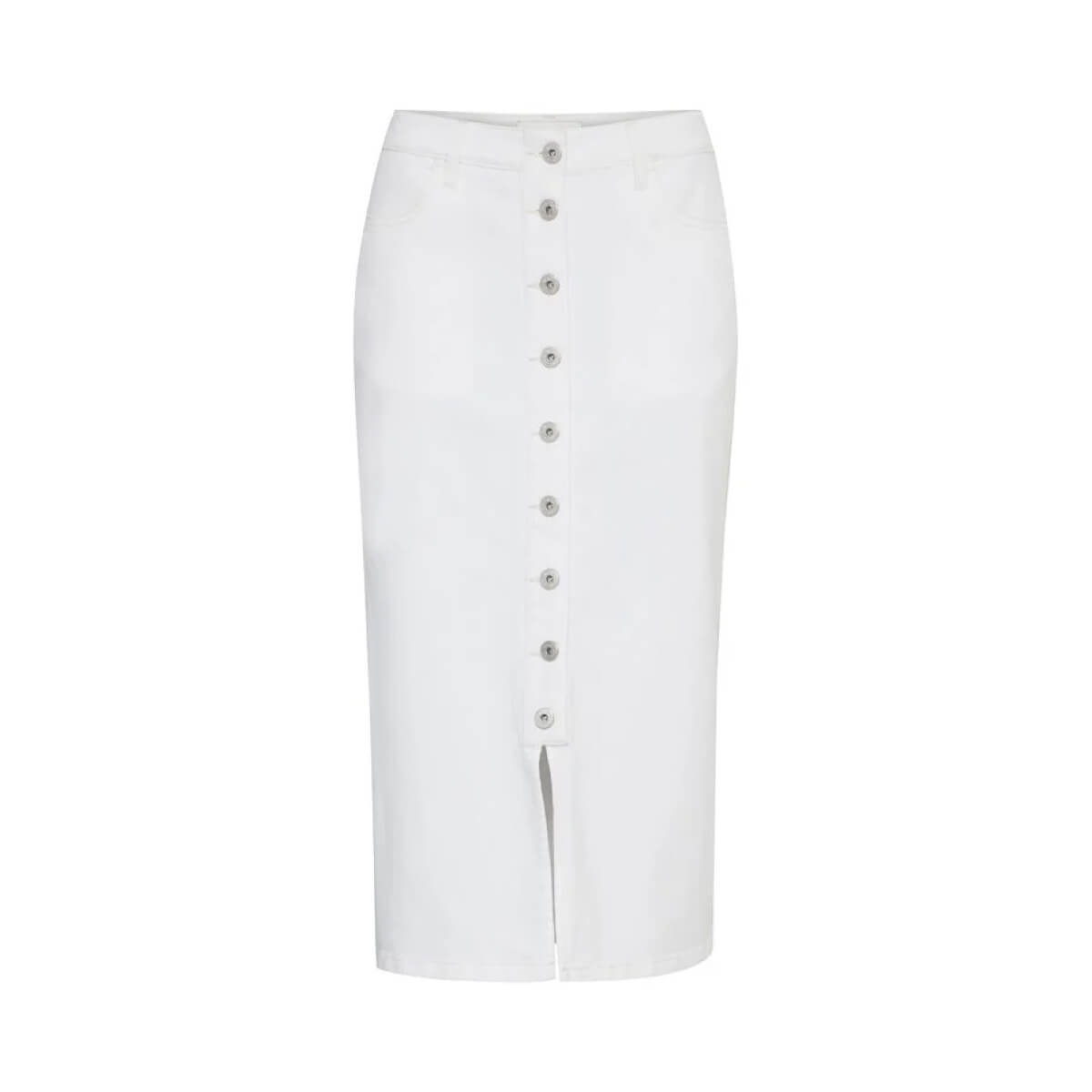 Button Front Denim Midi Skirt white front | MILK MONEY milkmoney.co | cute clothes for women. womens online clothing. trendy online clothing stores. womens casual clothing online. trendy clothes online. trendy women's clothing online. ladies online clothing stores. trendy women's clothing stores. cute female clothes.