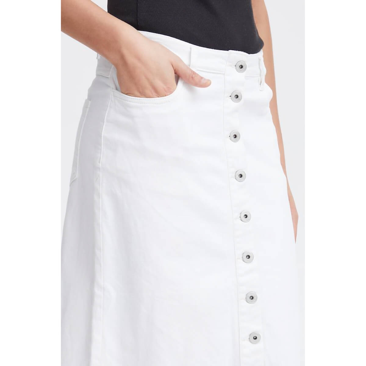 Button Front Denim Midi Skirt white front | MILK MONEY milkmoney.co | cute clothes for women. womens online clothing. trendy online clothing stores. womens casual clothing online. trendy clothes online. trendy women's clothing online. ladies online clothing stores. trendy women's clothing stores. cute female clothes.