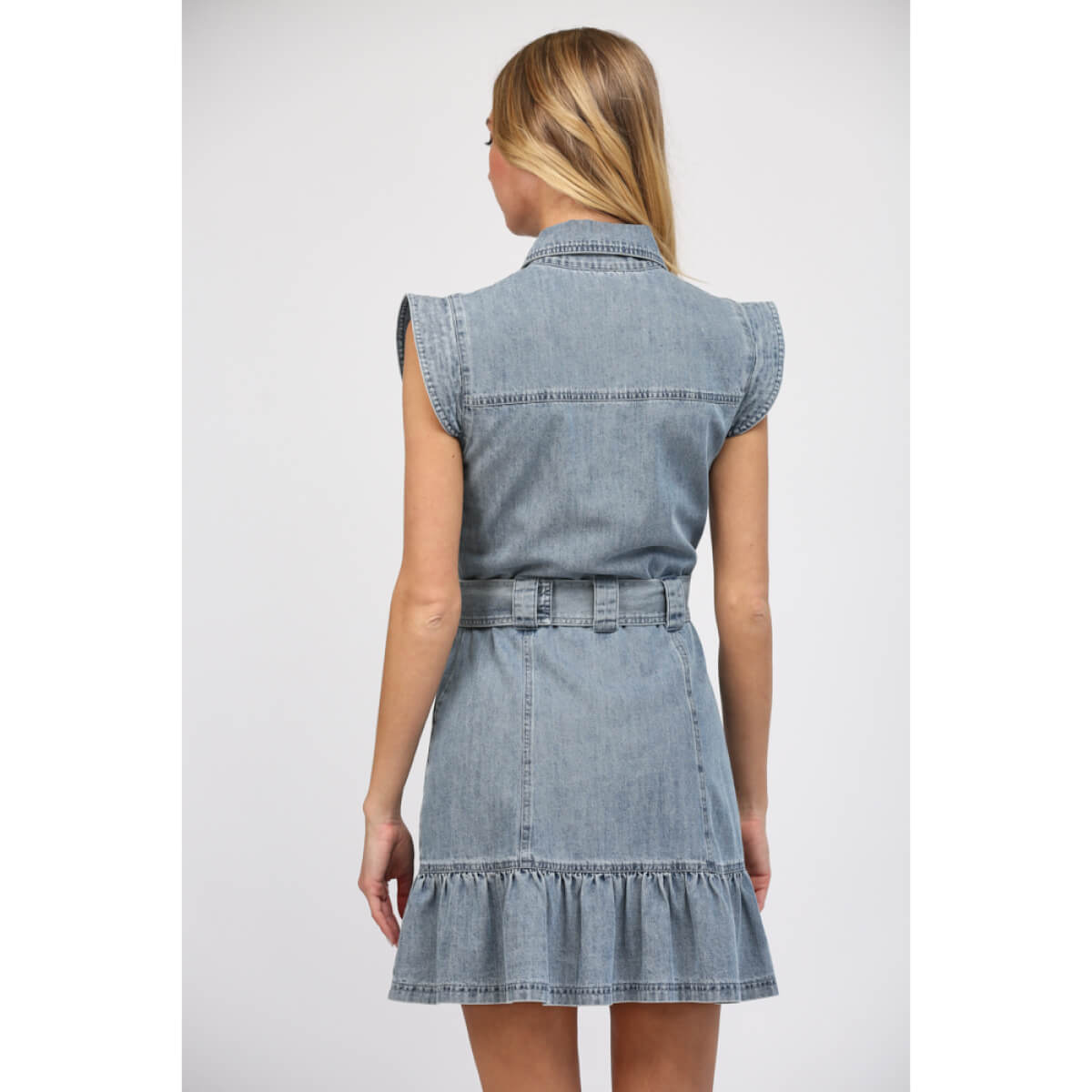 Button Front Denim Mini Dress blue back | MILK MONEY milkmoney.co | cute clothes for women. womens online clothing. trendy online clothing stores. womens casual clothing online. trendy clothes online. trendy women's clothing online. ladies online clothing stores. trendy women's clothing stores. cute female clothes.
