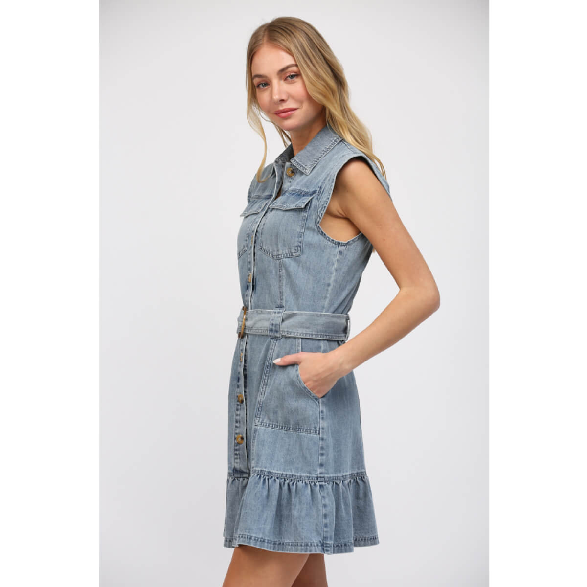 Button Front Denim Mini Dress blue side | MILK MONEY milkmoney.co | cute clothes for women. womens online clothing. trendy online clothing stores. womens casual clothing online. trendy clothes online. trendy women's clothing online. ladies online clothing stores. trendy women's clothing stores. cute female clothes.