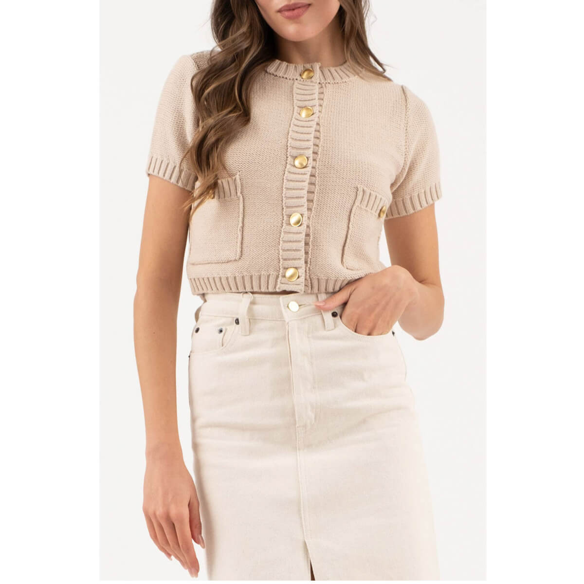 Button Up Short Sleeve Knit Cardigan