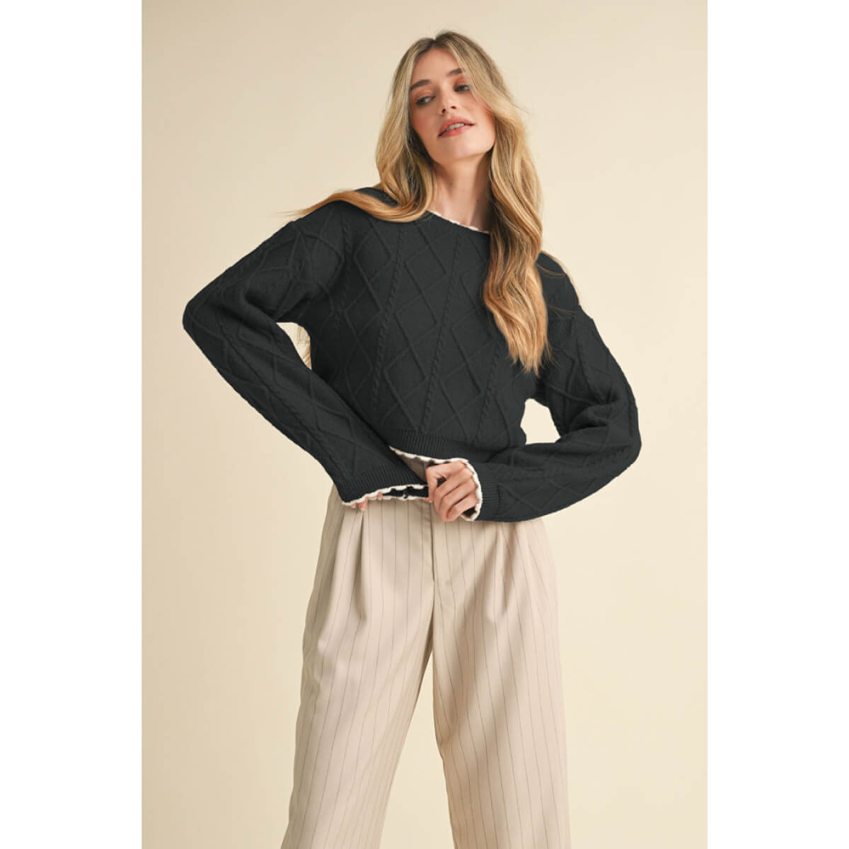 Cable Knit Cropped Sweater black front | MILK MONEY milkmoney.co | cute sweaters for women, cute knit sweaters, cute pullover sweaters