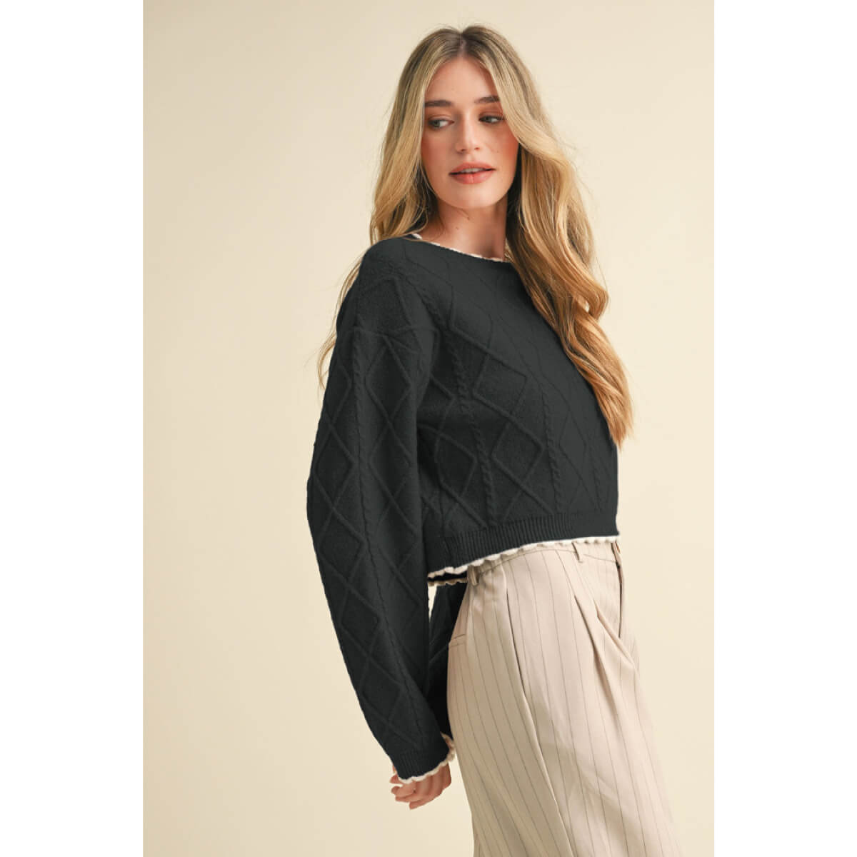 Cable Knit Cropped Sweater black side | MILK MONEY milkmoney.co | cute sweaters for women, cute knit sweaters, cute pullover sweaters
