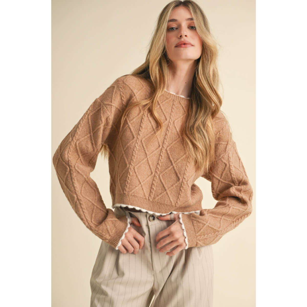 Cable Knit Cropped Sweater brown front | MILK MONEY milkmoney.co | cute sweaters for women, cute knit sweaters, cute pullover sweaters