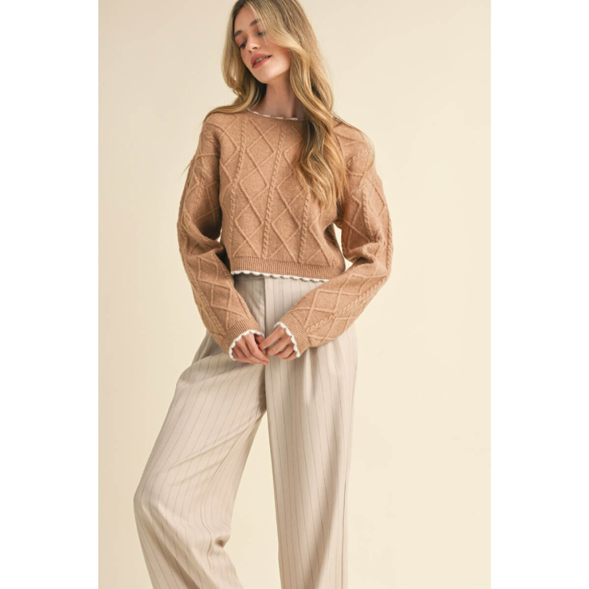 Cable Knit Cropped Sweater brown front| MILK MONEY milkmoney.co | cute sweaters for women, cute knit sweaters, cute pullover sweaters