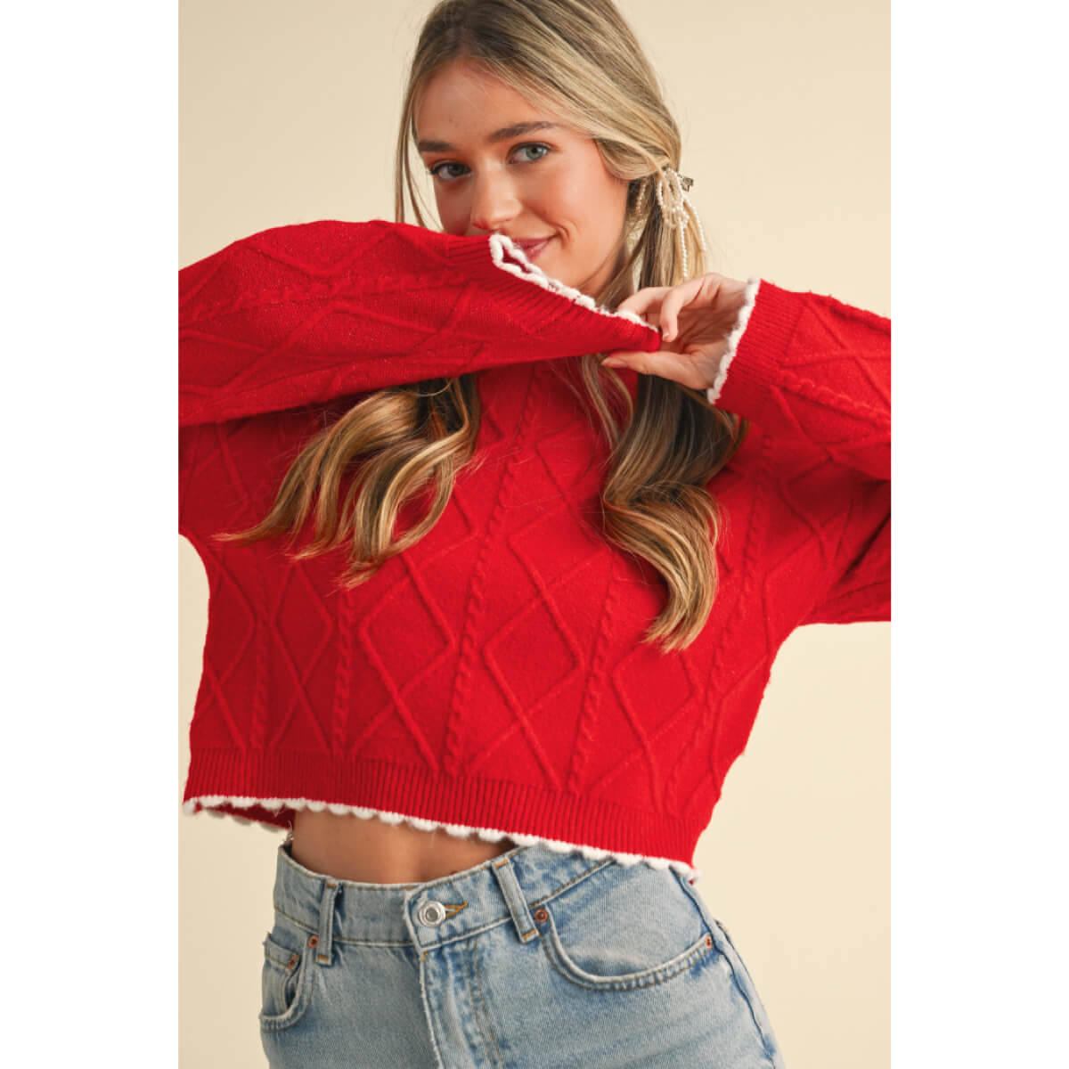 Cable Knit Cropped Sweater red front | MILK MONEY milkmoney.co | cute sweaters for women, cute knit sweaters, cute pullover sweaters