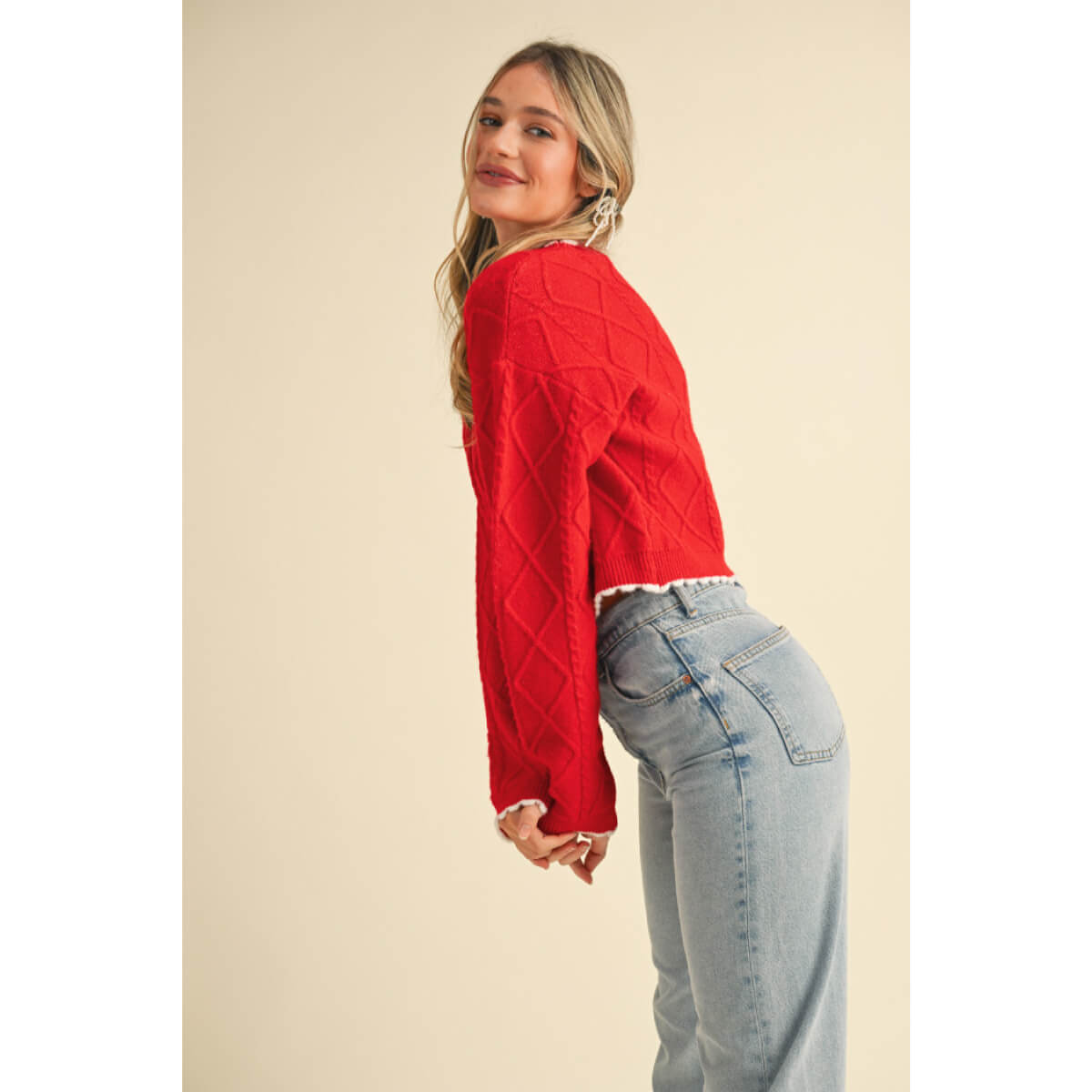 Cable Knit Cropped Sweater red side | MILK MONEY milkmoney.co | cute sweaters for women, cute knit sweaters, cute pullover sweaters