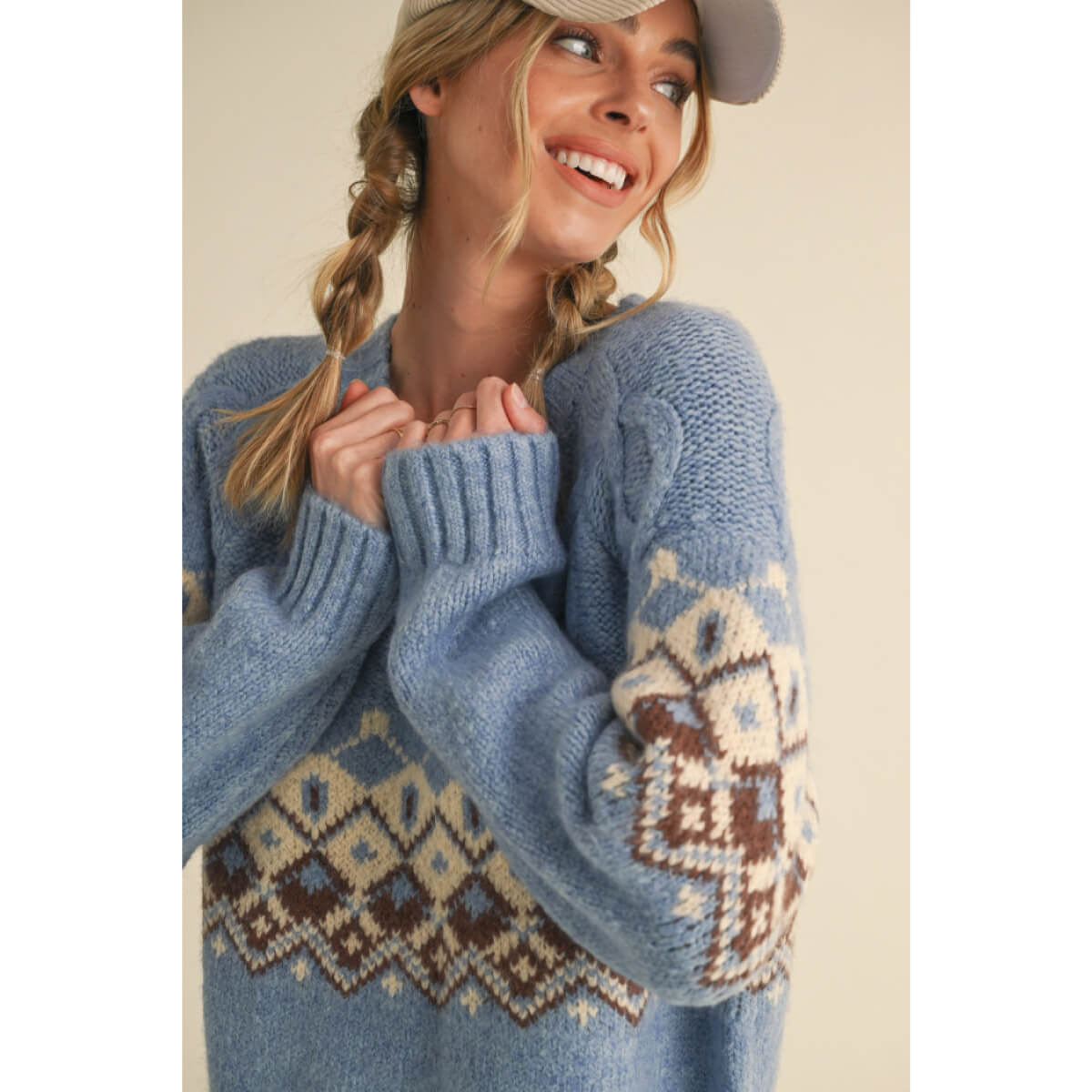 Cable Knit Fair Isle Sweater blue front | MILK MONEY milkmoney.co | cute clothes for women. womens online clothing. trendy online clothing stores. womens casual clothing online. trendy clothes online. trendy women's clothing online. ladies online clothing stores. trendy women's clothing stores. cute female clothes.