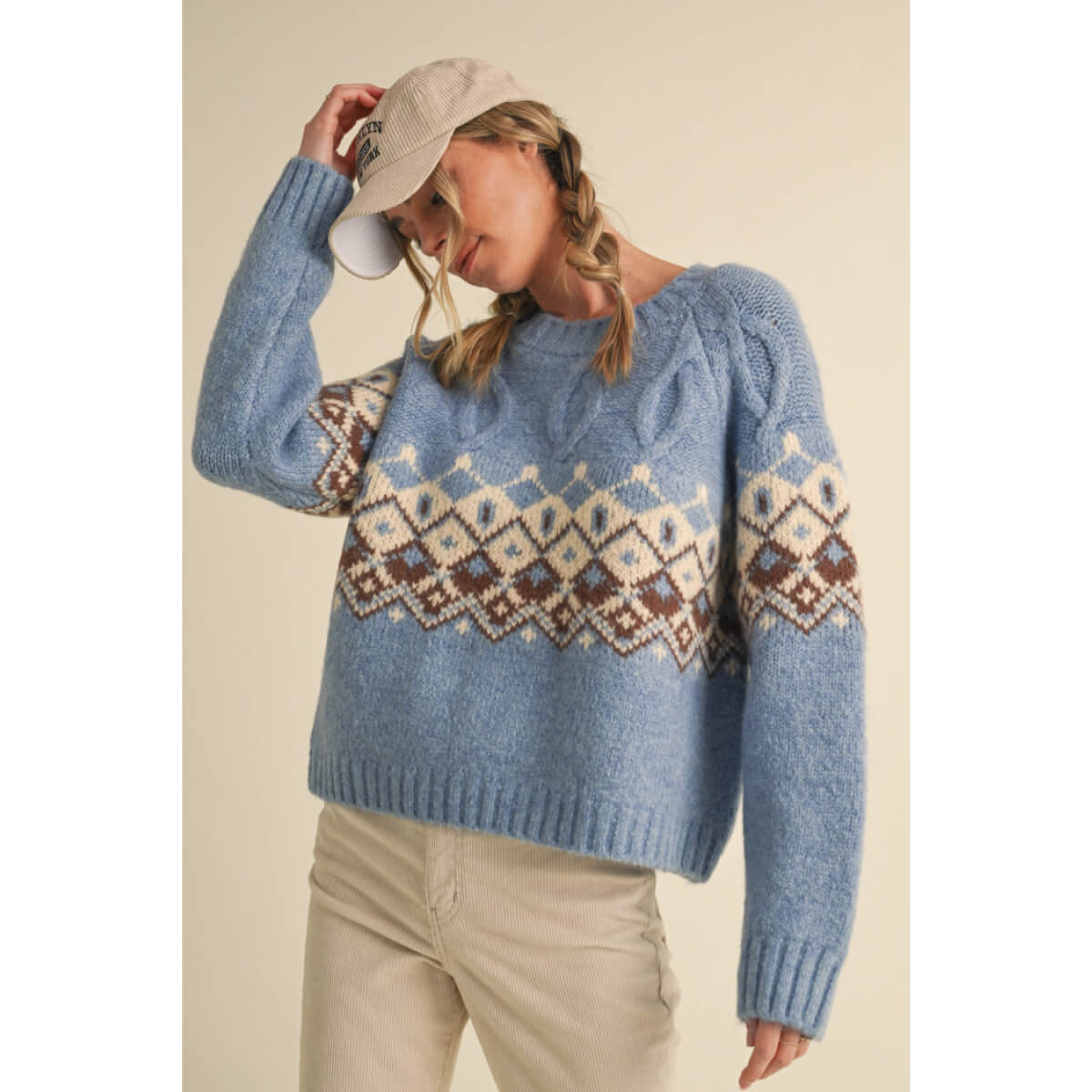 Cable Knit Fair Isle Sweater blue front | MILK MONEY milkmoney.co | cute clothes for women. womens online clothing. trendy online clothing stores. womens casual clothing online. trendy clothes online. trendy women's clothing online. ladies online clothing stores. trendy women's clothing stores. cute female clothes.