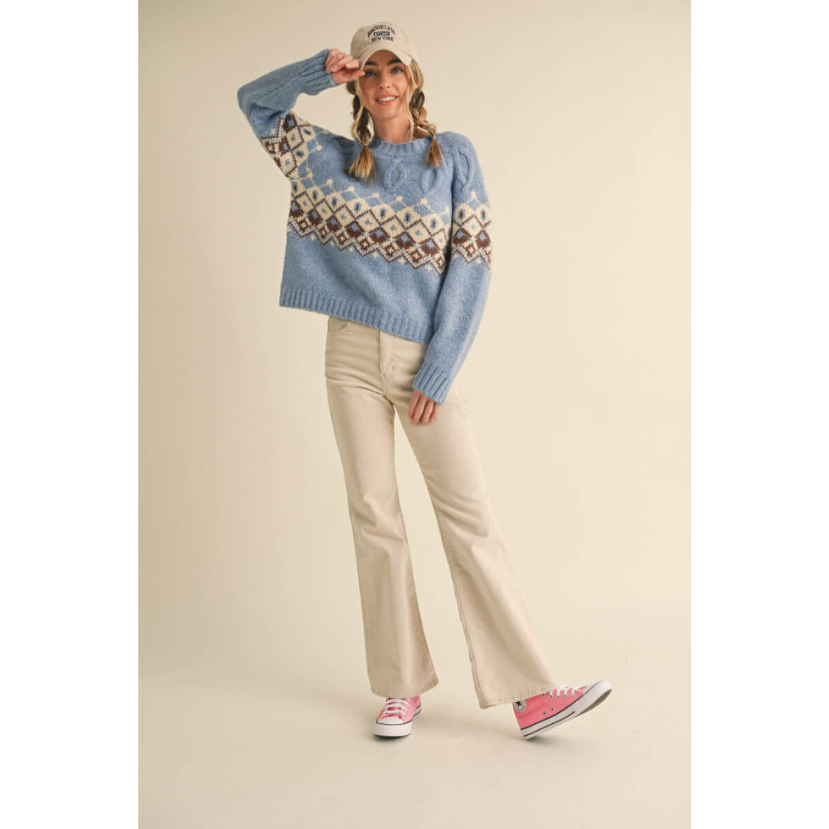 Cable Knit Fair Isle Sweater blue front | MILK MONEY milkmoney.co | cute clothes for women. womens online clothing. trendy online clothing stores. womens casual clothing online. trendy clothes online. trendy women's clothing online. ladies online clothing stores. trendy women's clothing stores. cute female clothes.