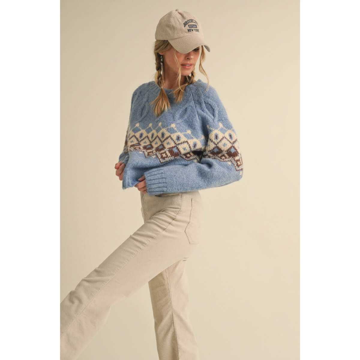 Cable Knit Fair Isle Sweater blue side| MILK MONEY milkmoney.co | cute clothes for women. womens online clothing. trendy online clothing stores. womens casual clothing online. trendy clothes online. trendy women's clothing online. ladies online clothing stores. trendy women's clothing stores. cute female clothes.