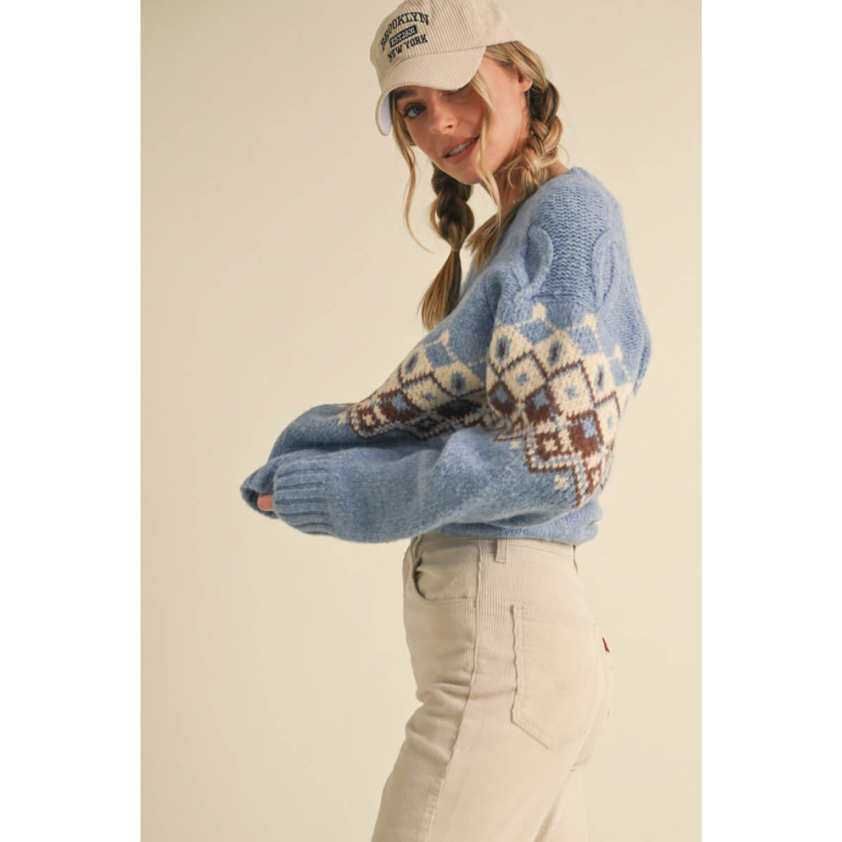 Cable Knit Fair Isle Sweater blue side| MILK MONEY milkmoney.co | cute clothes for women. womens online clothing. trendy online clothing stores. womens casual clothing online. trendy clothes online. trendy women's clothing online. ladies online clothing stores. trendy women's clothing stores. cute female clothes.