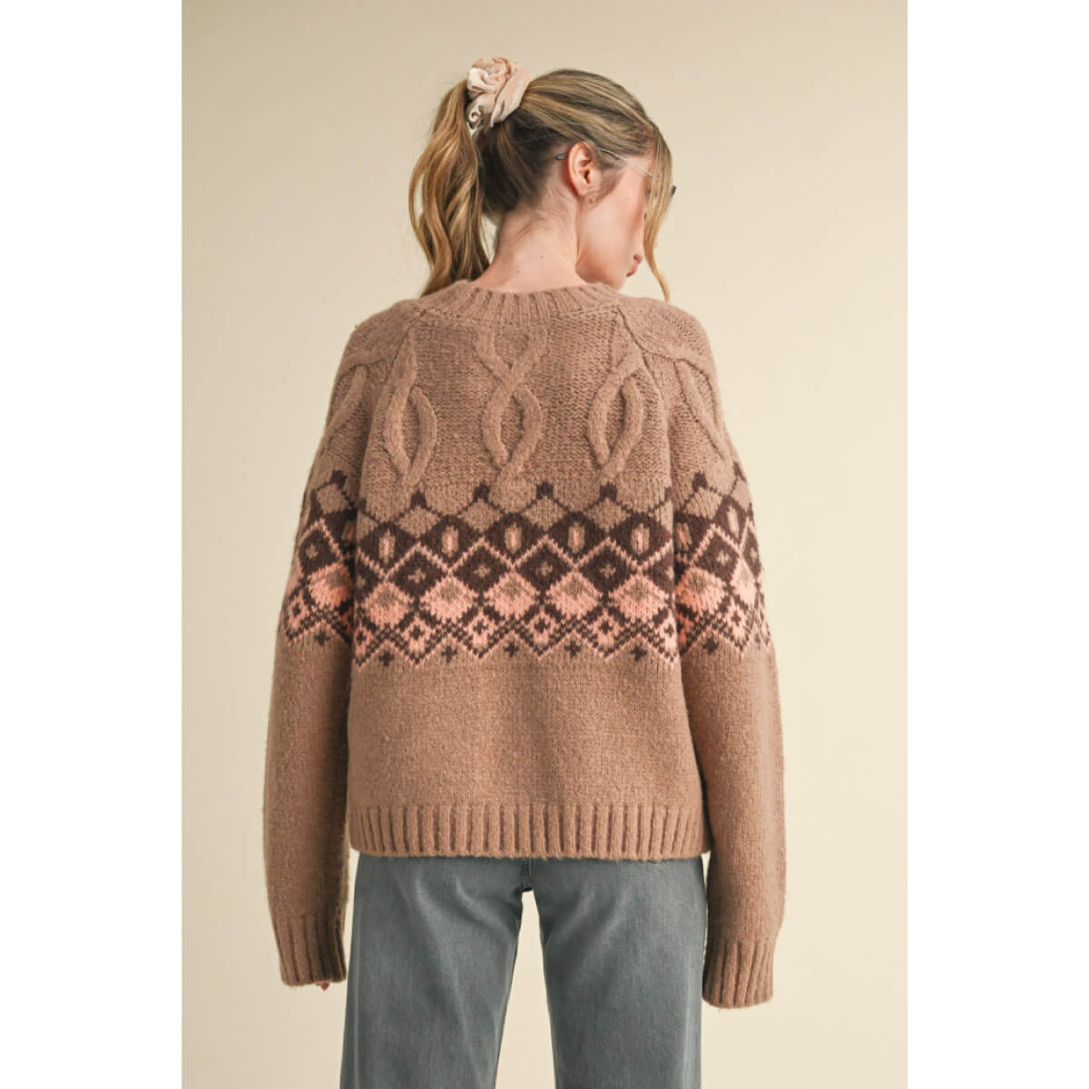 Cable Knit Fair Isle Sweater brown back | MILK MONEY milkmoney.co | cute clothes for women. womens online clothing. trendy online clothing stores. womens casual clothing online. trendy clothes online. trendy women's clothing online. ladies online clothing stores. trendy women's clothing stores. cute female clothes.