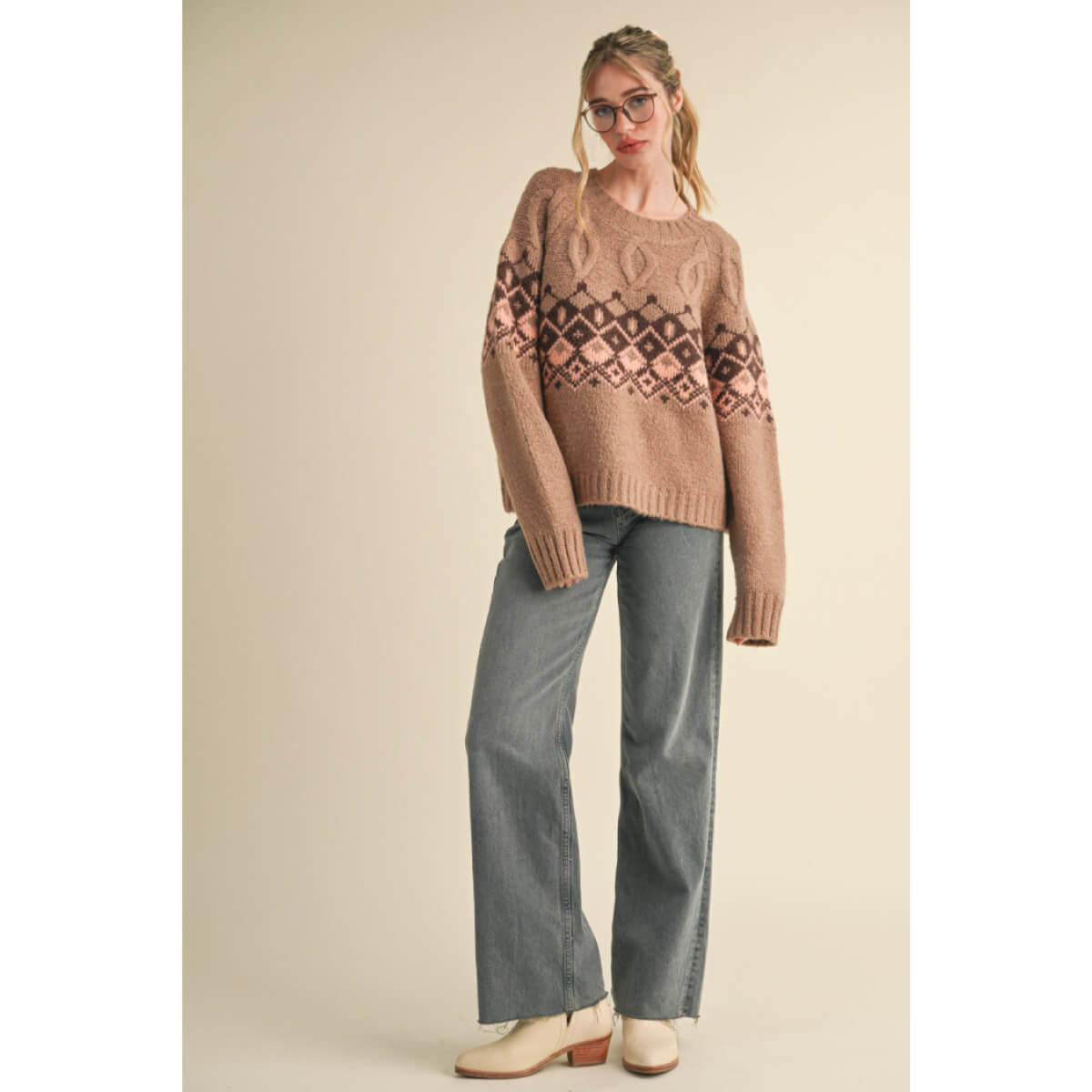 Cable Knit Fair Isle Sweater brown front | MILK MONEY milkmoney.co | cute clothes for women. womens online clothing. trendy online clothing stores. womens casual clothing online. trendy clothes online. trendy women's clothing online. ladies online clothing stores. trendy women's clothing stores. cute female clothes.