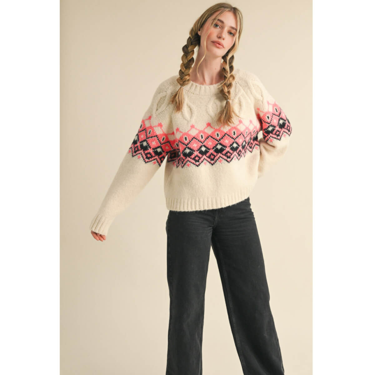 Cable Knit Fair Isle Sweater white front | MILK MONEY milkmoney.co | cute clothes for women. womens online clothing. trendy online clothing stores. womens casual clothing online. trendy clothes online. trendy women's clothing online. ladies online clothing stores. trendy women's clothing stores. cute female clothes.