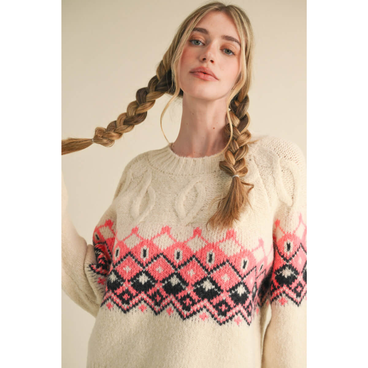 Cable Knit Fair Isle Sweater white front | MILK MONEY milkmoney.co | cute clothes for women. womens online clothing. trendy online clothing stores. womens casual clothing online. trendy clothes online. trendy women's clothing online. ladies online clothing stores. trendy women's clothing stores. cute female clothes.