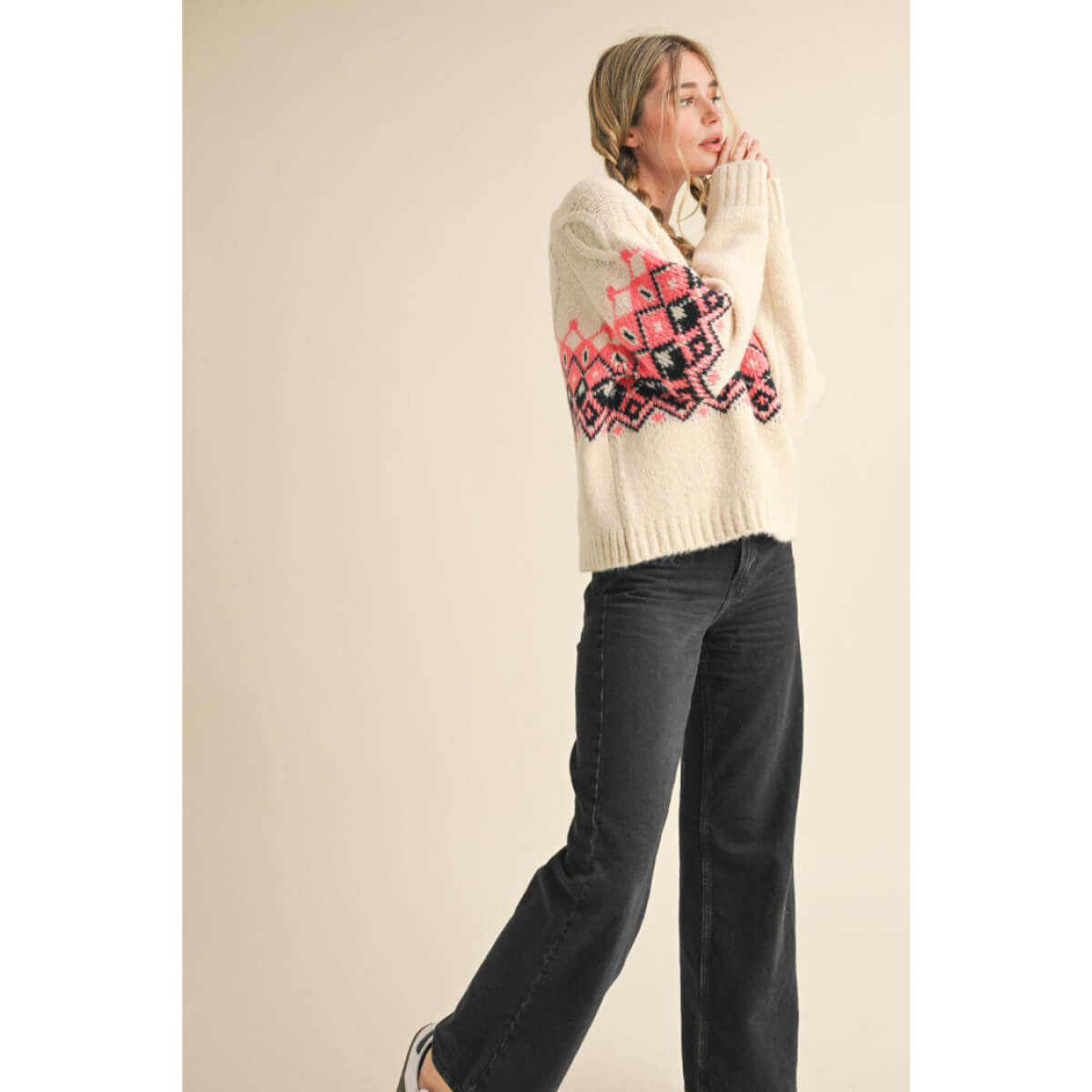 Cable Knit Fair Isle Sweater white side | MILK MONEY milkmoney.co | cute clothes for women. womens online clothing. trendy online clothing stores. womens casual clothing online. trendy clothes online. trendy women's clothing online. ladies online clothing stores. trendy women's clothing stores. cute female clothes.