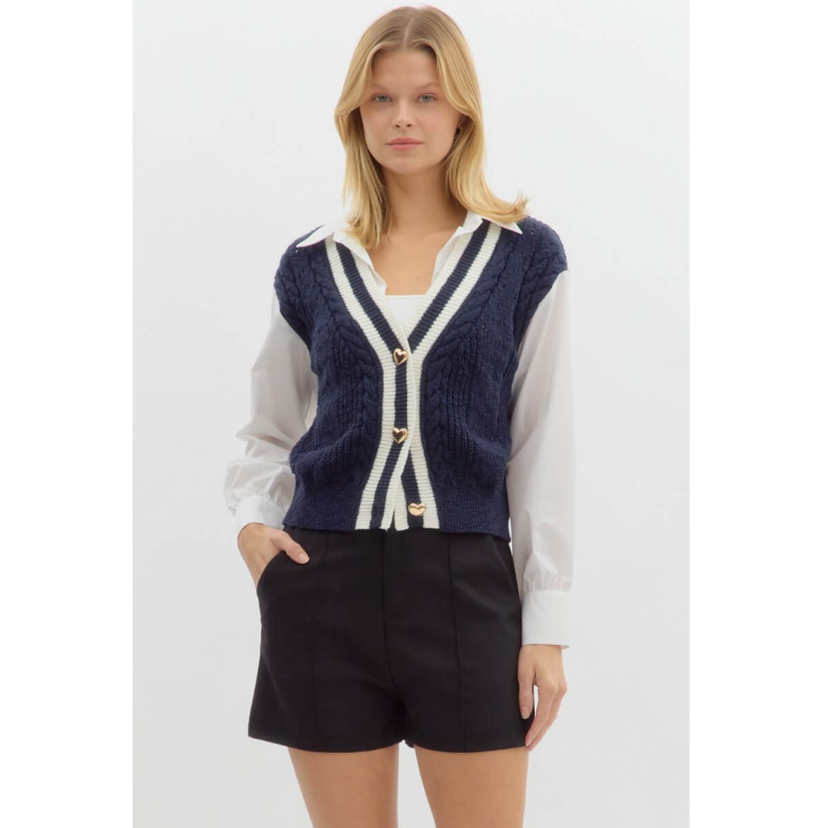 Cable Knit V-Neck Shirt Cardigan blue front | MILK MONEY milkmoney.co | cute tops for women. trendy tops for women. cute blouses for women. stylish tops for women. pretty womens tops.