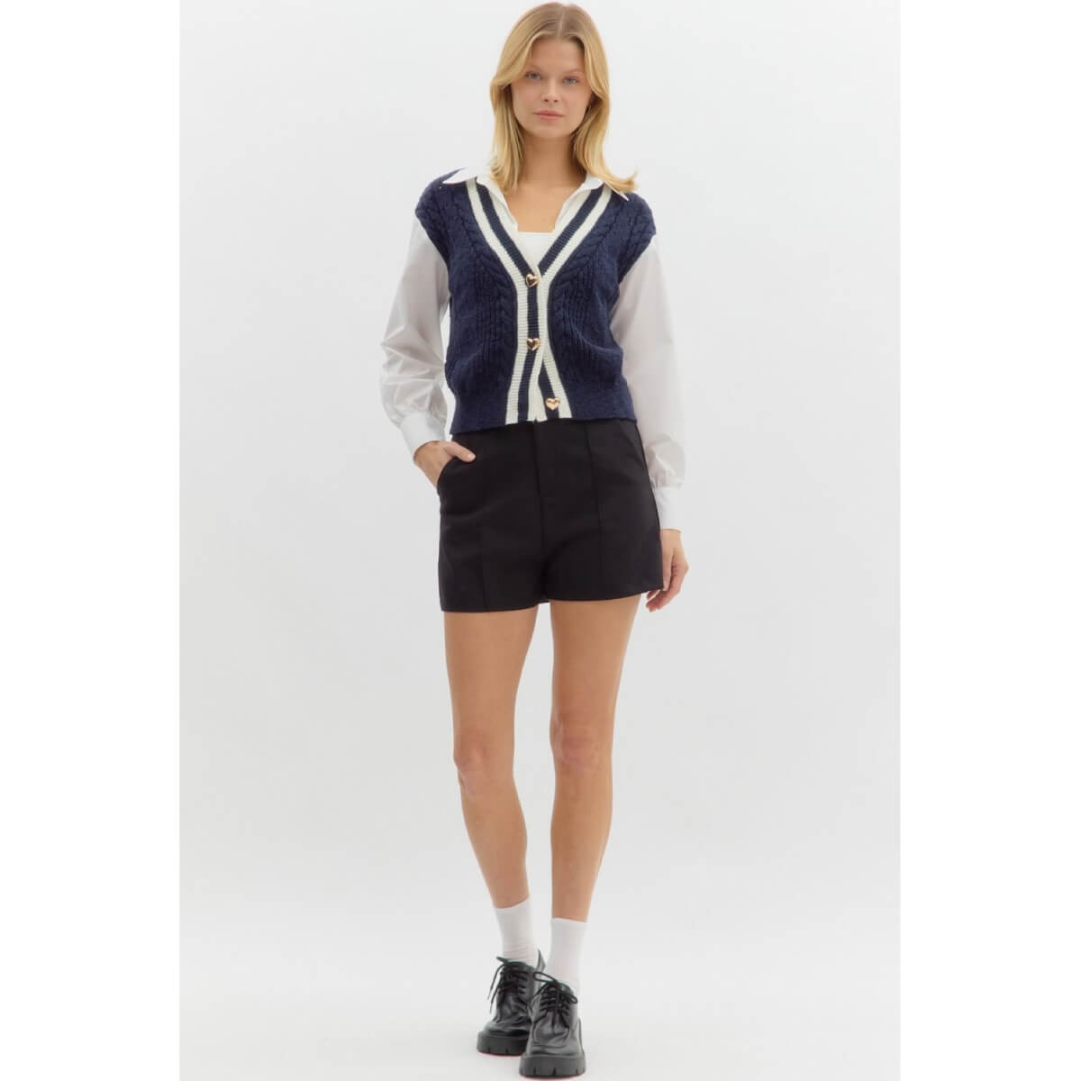 Cable Knit V-Neck Shirt Cardigan blue front | MILK MONEY milkmoney.co | cute tops for women. trendy tops for women. cute blouses for women. stylish tops for women. pretty womens tops.