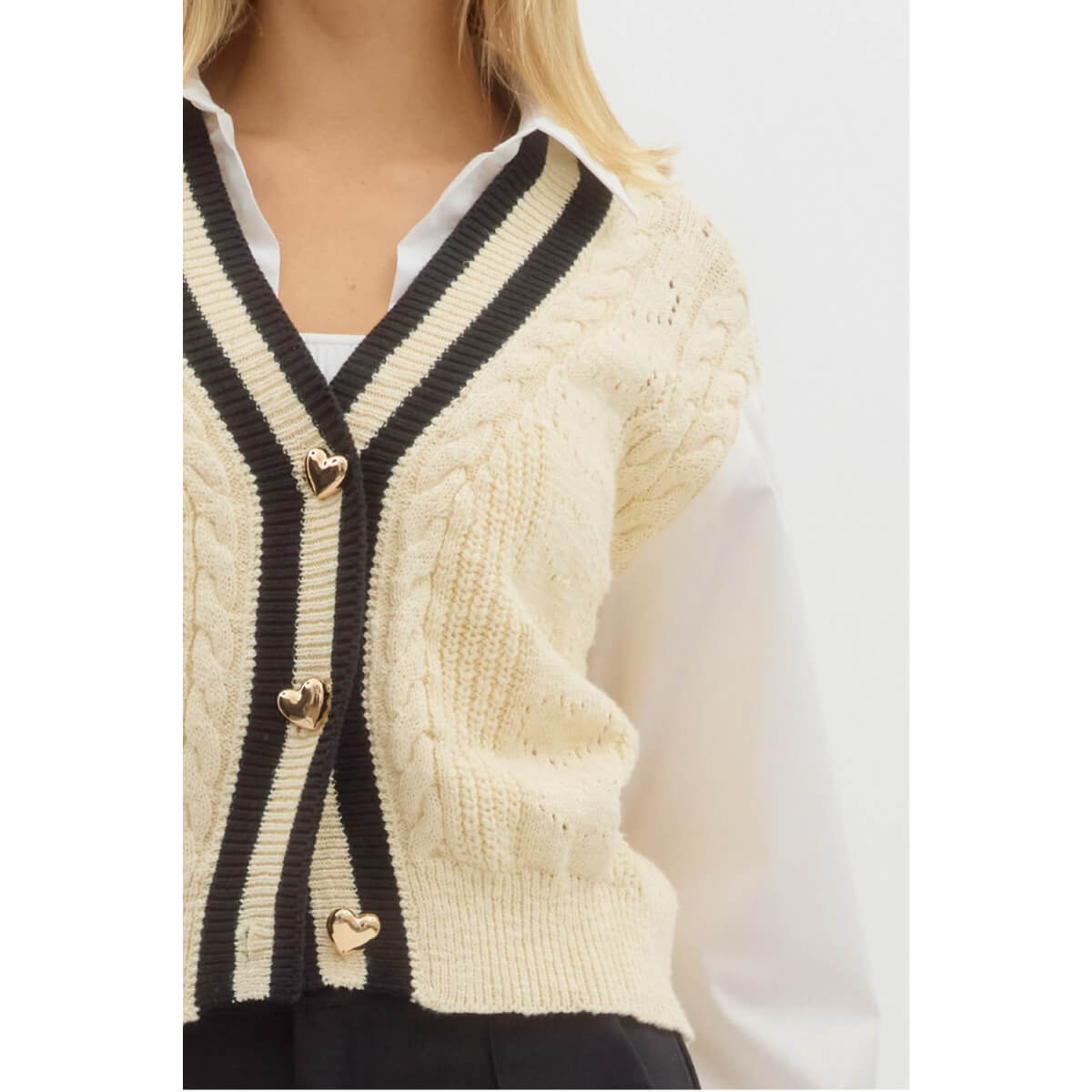 Cable Knit V-Neck Shirt Cardigan white front | MILK MONEY milkmoney.co | cute tops for women. trendy tops for women. cute blouses for women. stylish tops for women. pretty womens tops.