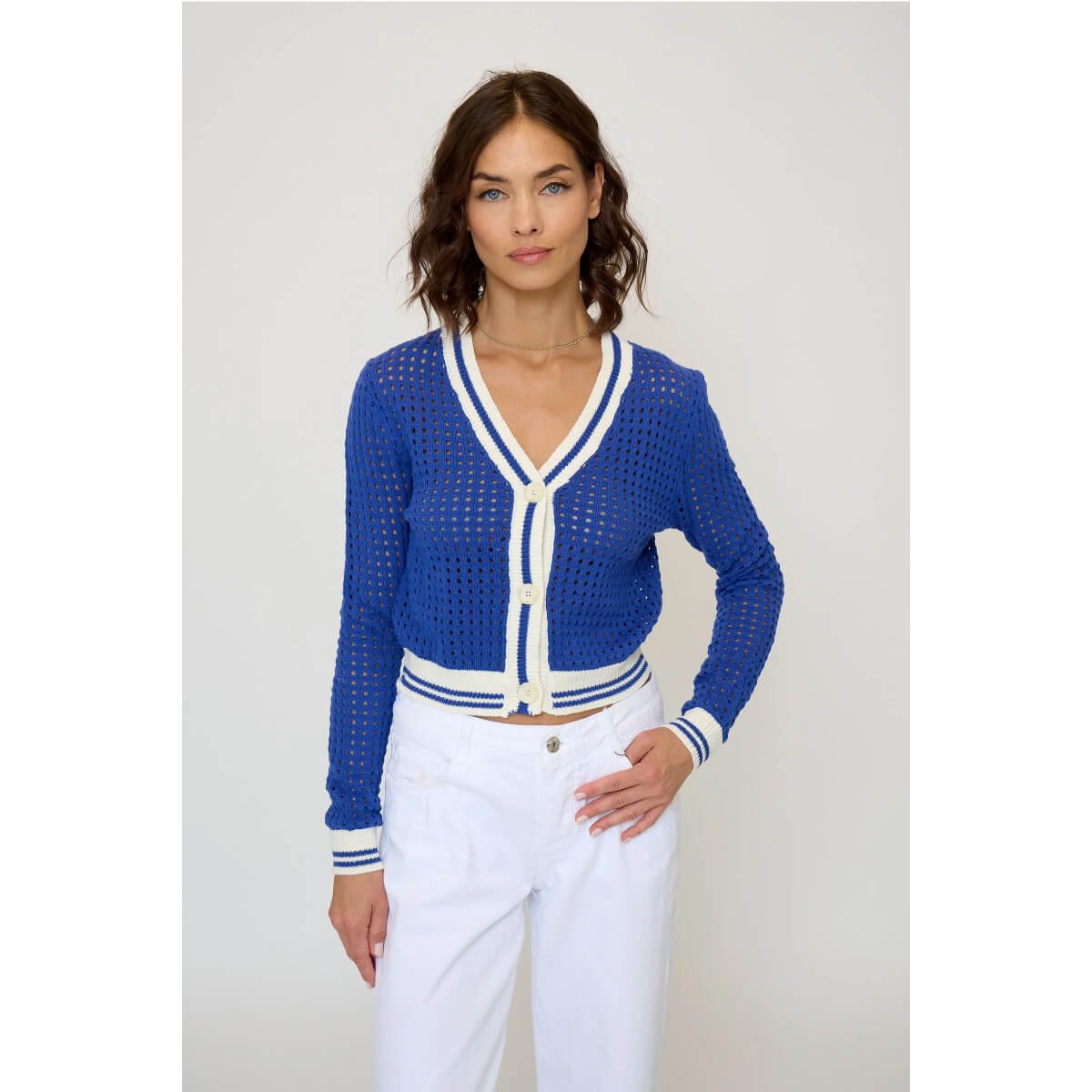 Central Park West Junie Varsity Mesh Stitch Cardigan blue | MILK MONEY milkmoney.co | cute tops for women. trendy tops for women. cute blouses for women. stylish tops for women. pretty womens tops.