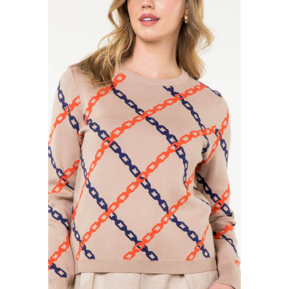 Chain Print Crew Neck Sweater taupe front | MILK MONEY milkmoney.co | cute tops for women. trendy tops for women. cute blouses for women. stylish tops for women. pretty womens tops.