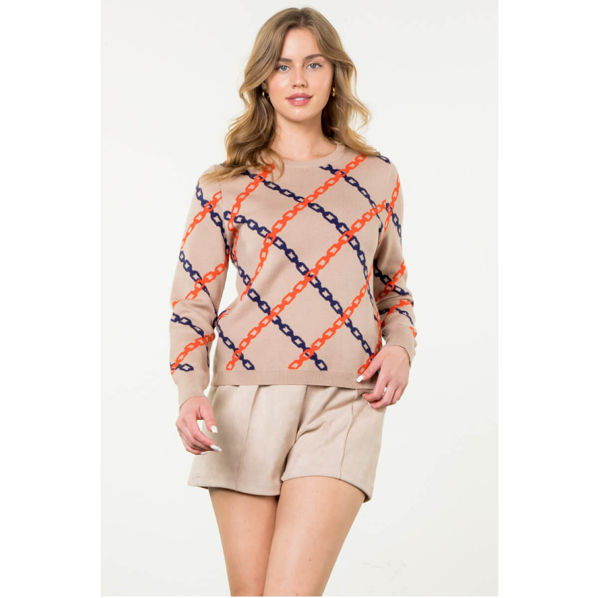 Chain Print Crew Neck Sweater taupe front | MILK MONEY milkmoney.co | cute tops for women. trendy tops for women. cute blouses for women. stylish tops for women. pretty womens tops.