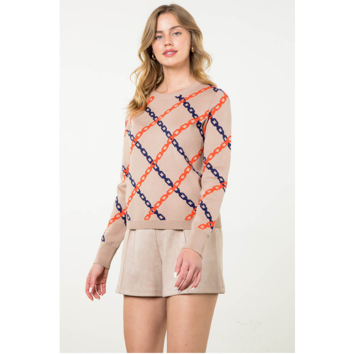 Chain Print Crew Neck Sweater taupe front | MILK MONEY milkmoney.co | cute tops for women. trendy tops for women. cute blouses for women. stylish tops for women. pretty womens tops.