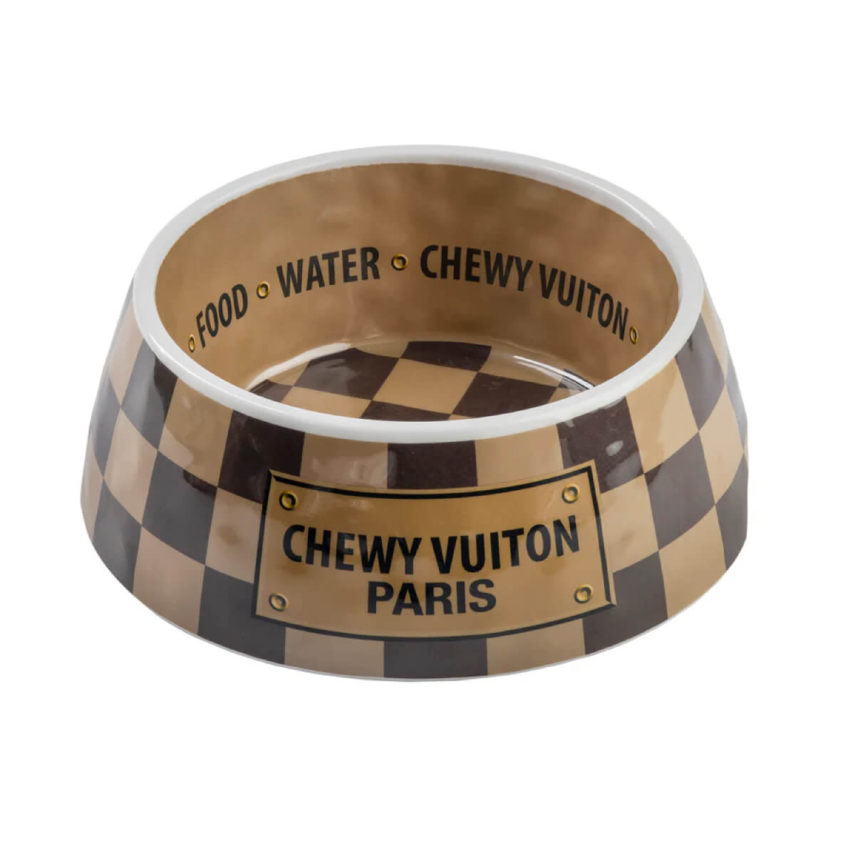 Checker Chewy Vuiton Dog Bowl front brown